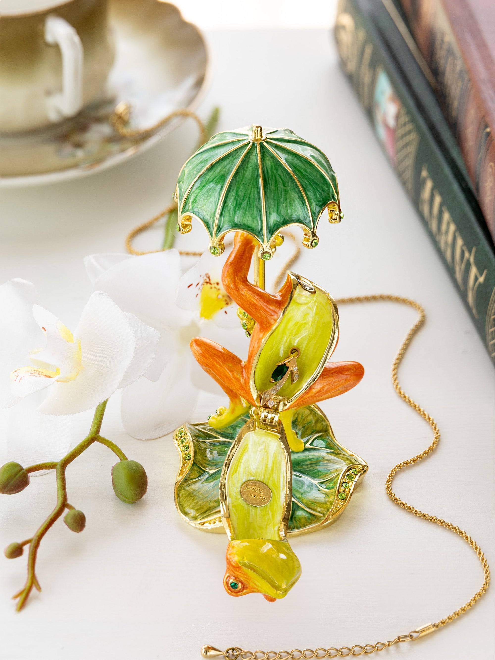 Rainy Day Orange Frog with Umbrella Trinket Box-4