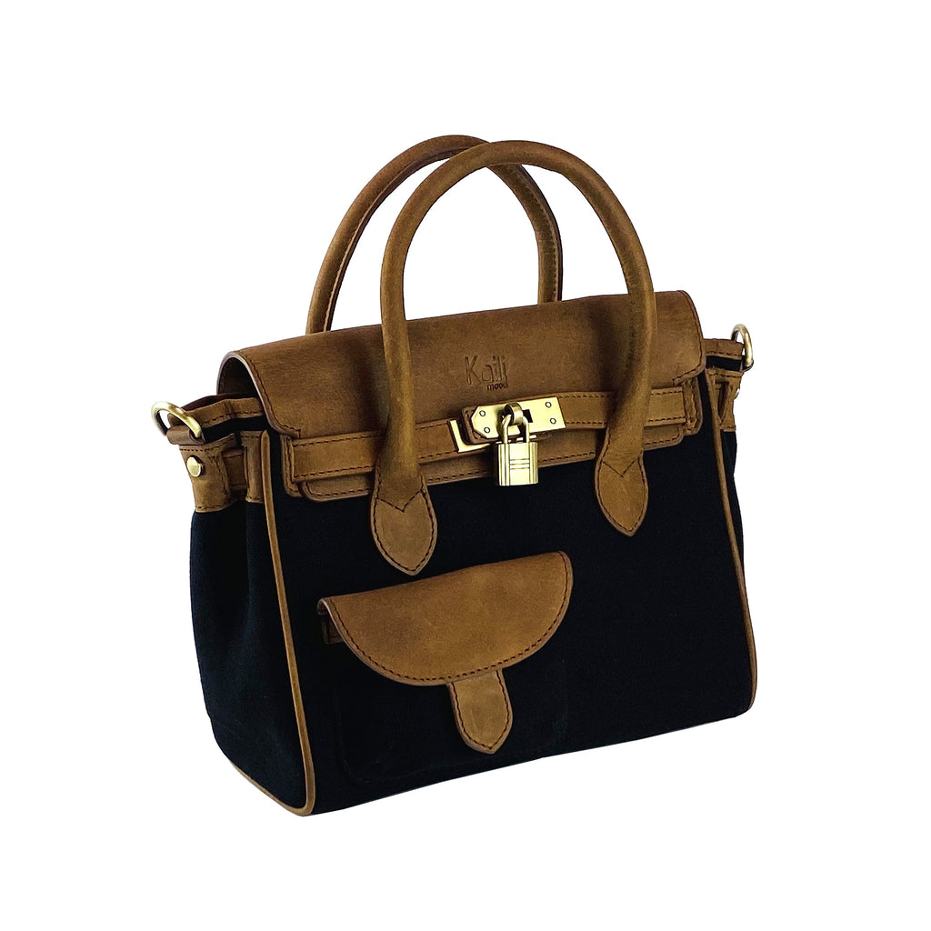 K0042ACB | Canvas/Vera Leather Mini Hand Bag Made in Italy. Removable shoulder strap. Antique Brass metal snap hook attachments - Black color - Dimensions: 24 x 20 x 12 cm.-2