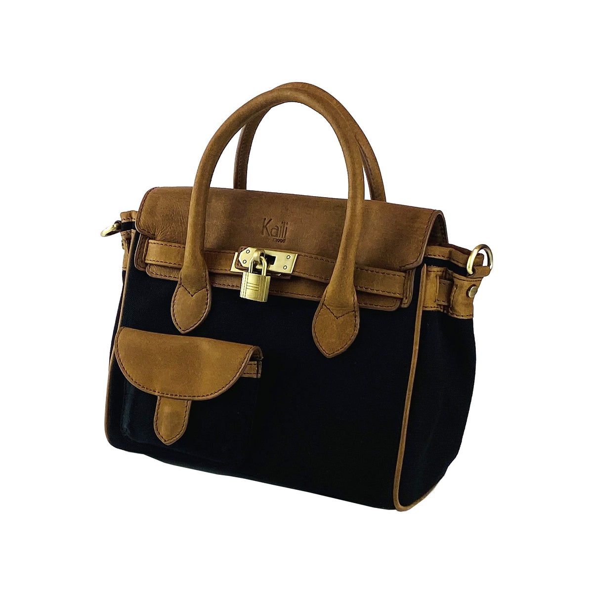 K0042ACB | Canvas/Vera Leather Mini Hand Bag Made in Italy. Removable shoulder strap. Antique Brass metal snap hook attachments - Black color - Dimensions: 24 x 20 x 12 cm.-3