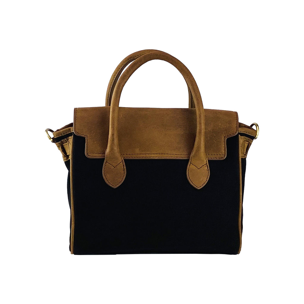 K0042ACB | Canvas/Vera Leather Mini Hand Bag Made in Italy. Removable shoulder strap. Antique Brass metal snap hook attachments - Black color - Dimensions: 24 x 20 x 12 cm.-4