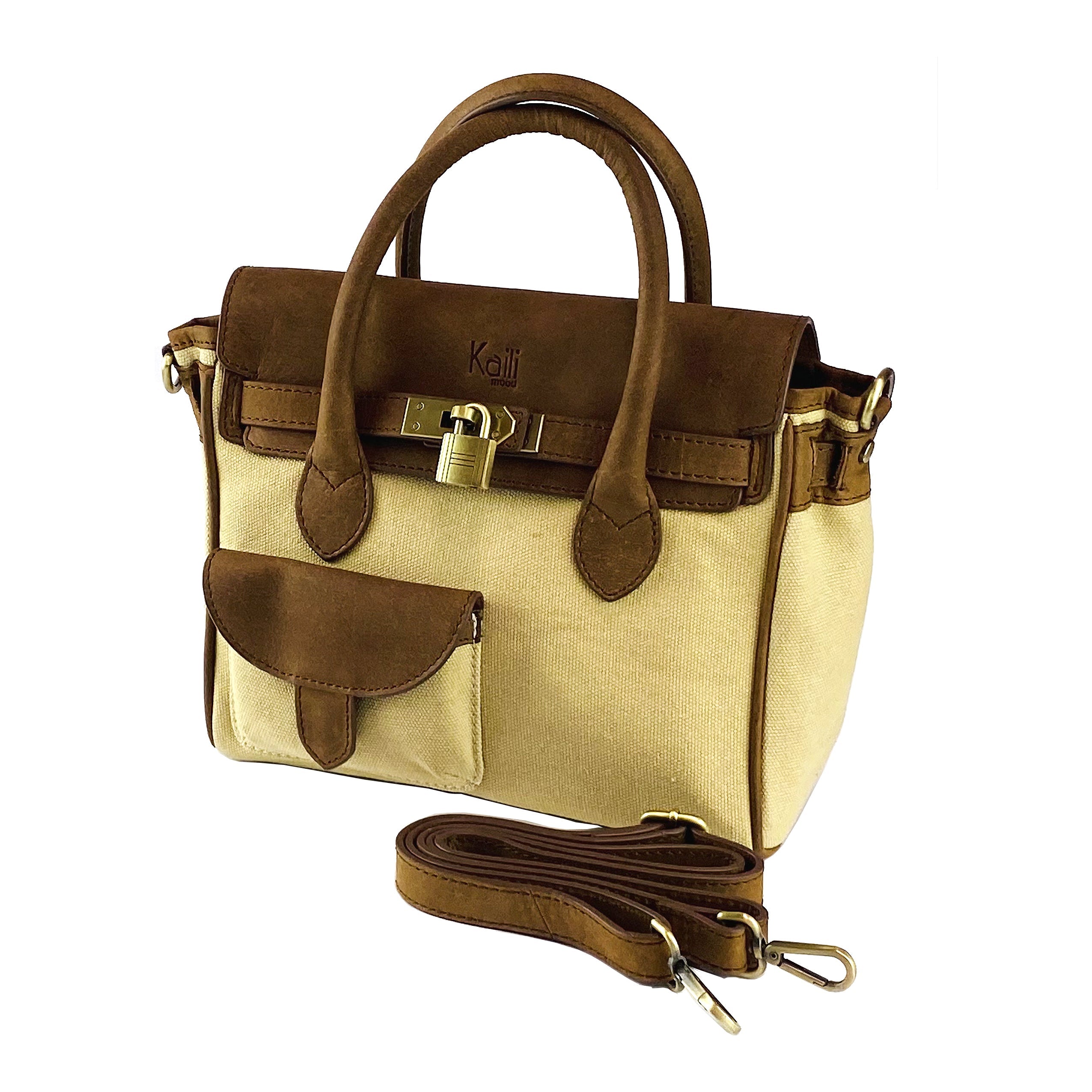 K0042ALCB | Canvas/Vera Leather Mini Hand Bag Made in Italy. Removable shoulder strap. Antique Brass metal snap hook attachments - Rope color - Dimensions: 24 x 20 x 12 cm.-0