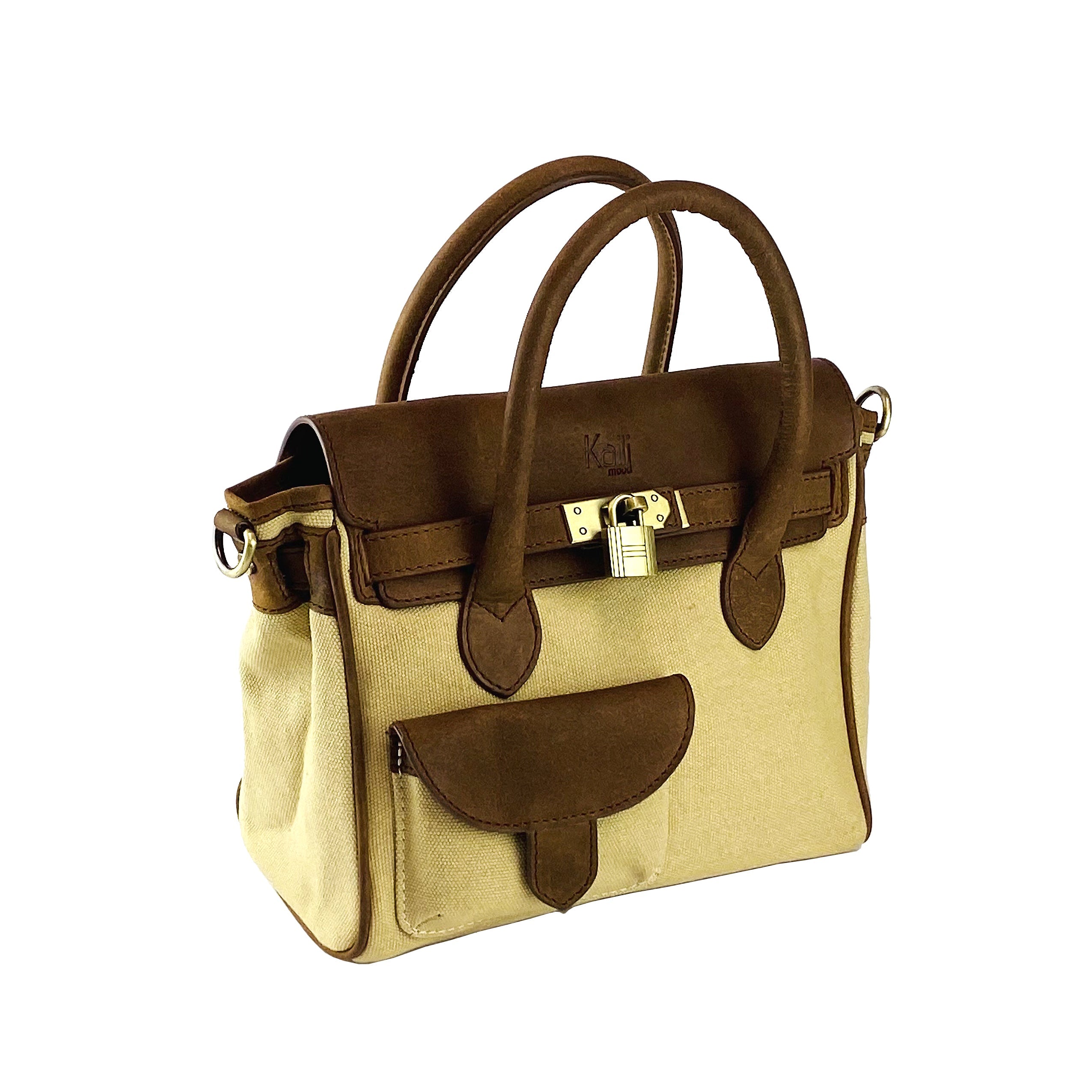 K0042ALCB | Canvas/Vera Leather Mini Hand Bag Made in Italy. Removable shoulder strap. Antique Brass metal snap hook attachments - Rope color - Dimensions: 24 x 20 x 12 cm.-2