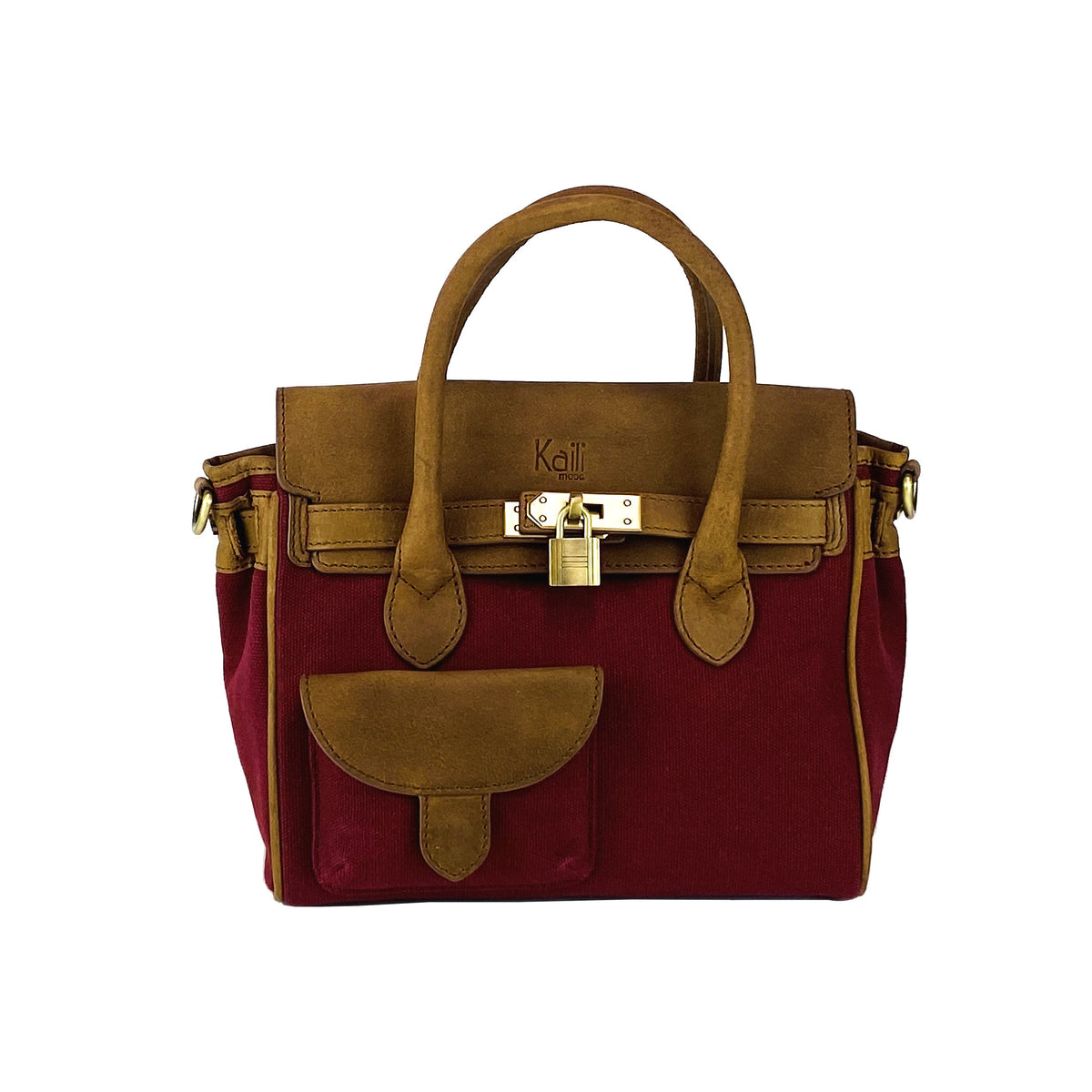 K0042XCB | Canvas/Vera Leather Mini Hand Bag Made in Italy. Removable shoulder strap. Antique Brass metal snap hook attachments - Bordeaux color - Dimensions: 24 x 20 x 12 cm.-1