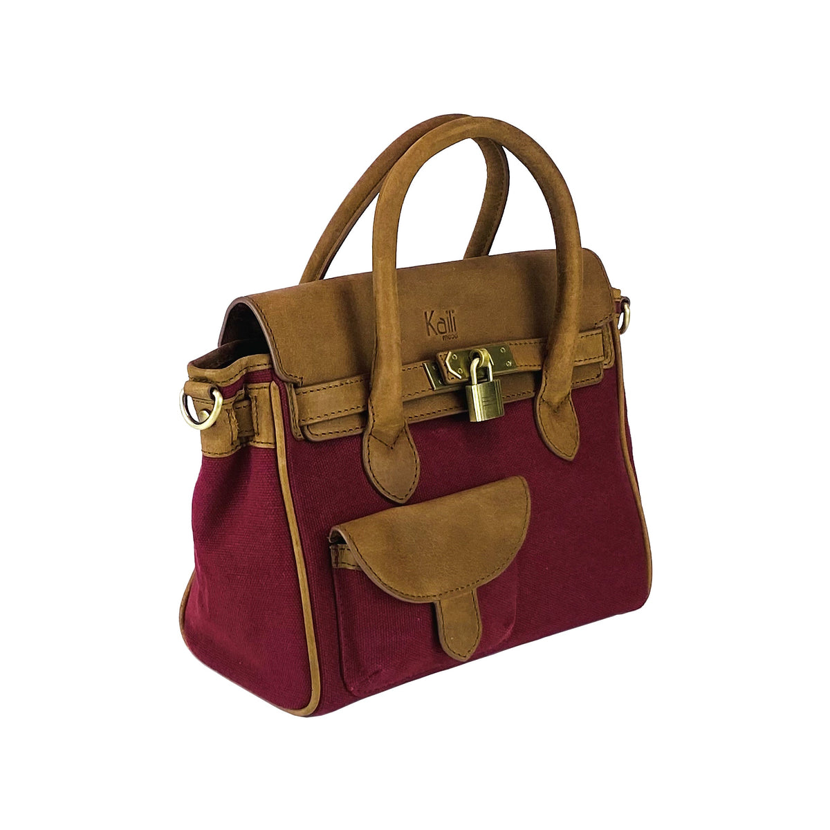 K0042XCB | Canvas/Vera Leather Mini Hand Bag Made in Italy. Removable shoulder strap. Antique Brass metal snap hook attachments - Bordeaux color - Dimensions: 24 x 20 x 12 cm.-2