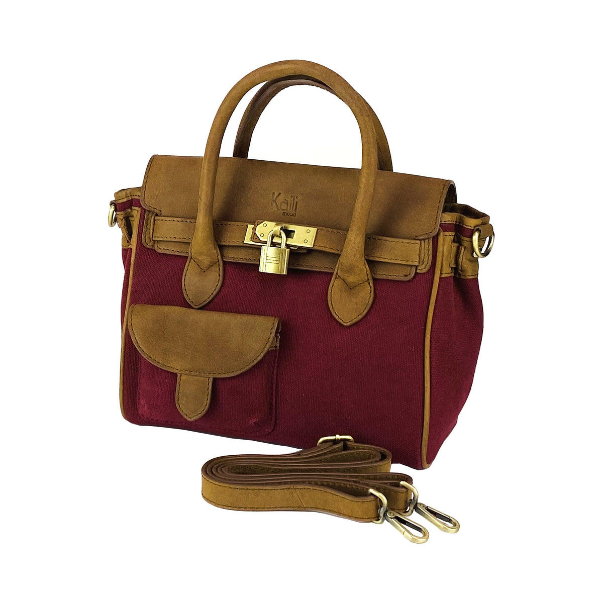 K0042XCB | Canvas/Vera Leather Mini Hand Bag Made in Italy. Removable shoulder strap. Antique Brass metal snap hook attachments - Bordeaux color - Dimensions: 24 x 20 x 12 cm.-0