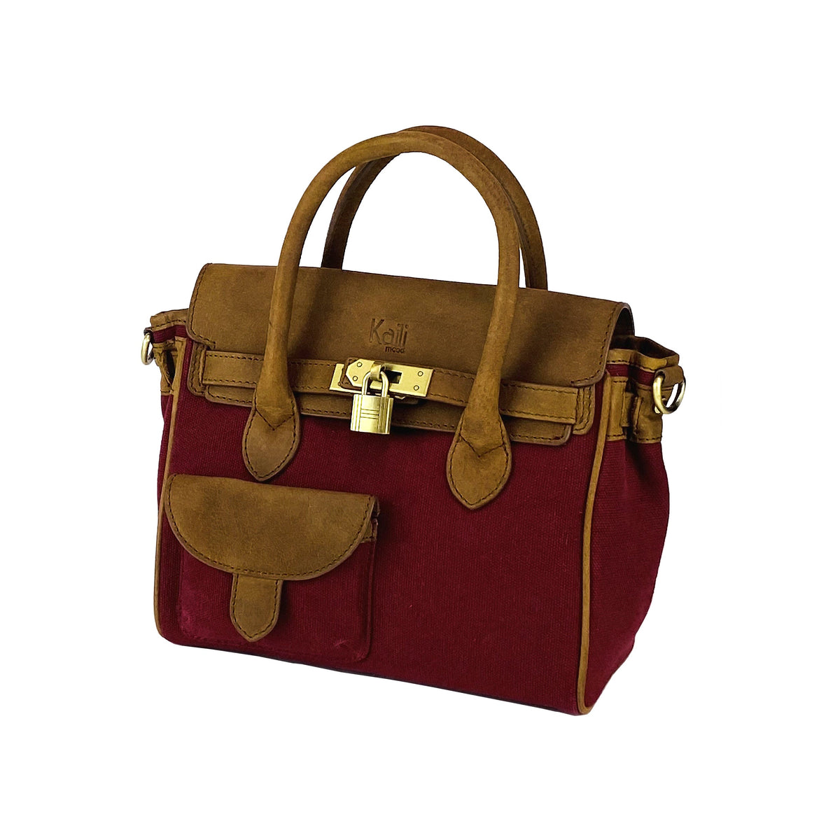K0042XCB | Canvas/Vera Leather Mini Hand Bag Made in Italy. Removable shoulder strap. Antique Brass metal snap hook attachments - Bordeaux color - Dimensions: 24 x 20 x 12 cm.-3