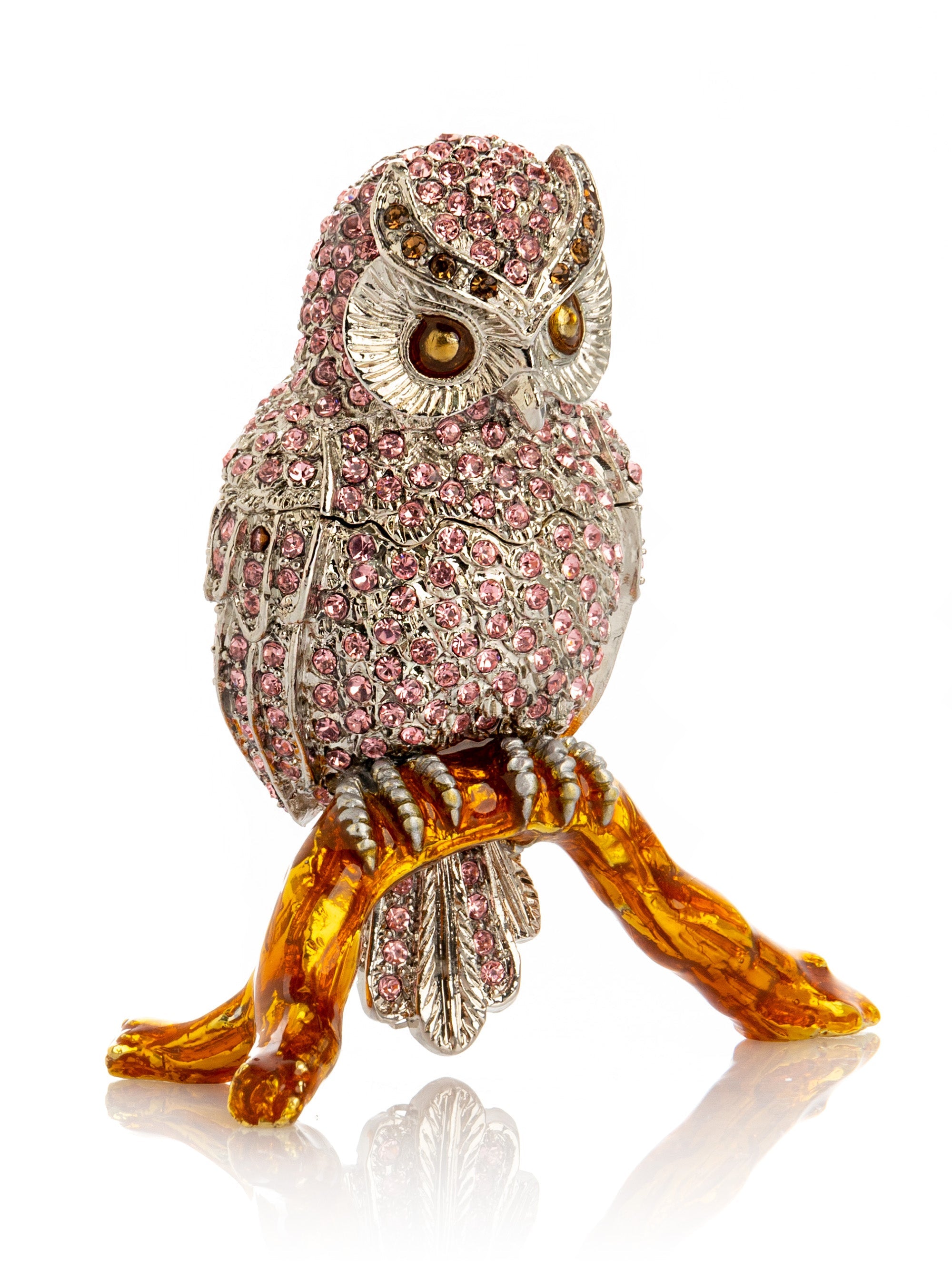 Pink &  Silver Crystal Owl on Amber Tree Branch Trinket Box-0