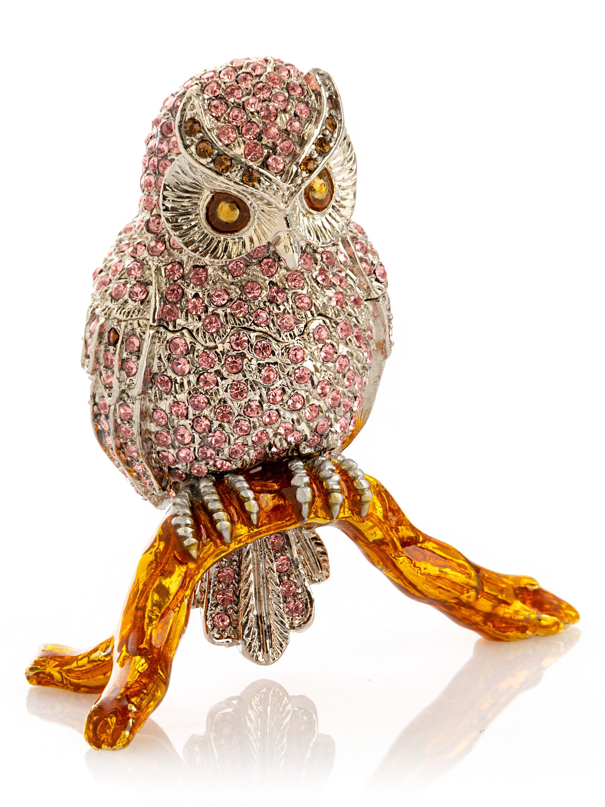 Pink &  Silver Crystal Owl on Amber Tree Branch Trinket Box-4