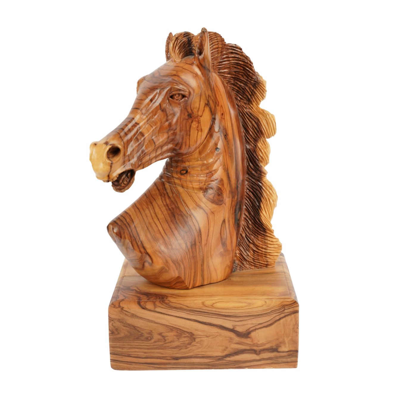 Handgeschnitzter Pferdekopf aus Olivenholz (groß) – Exklusive Holzskulptur aus Bethlehem (24 cm)-0