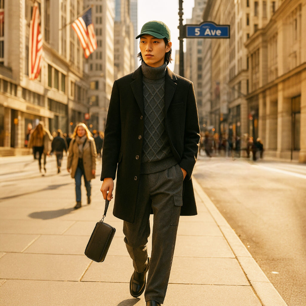 RB0046A | Pochette Uomo KEVIN con laccio da polso in Vera Pelle pieno fiore con leggera grana. Maniglia removibile. Colore Nero. Dimensioni: cm 22 x 13 x 5-3