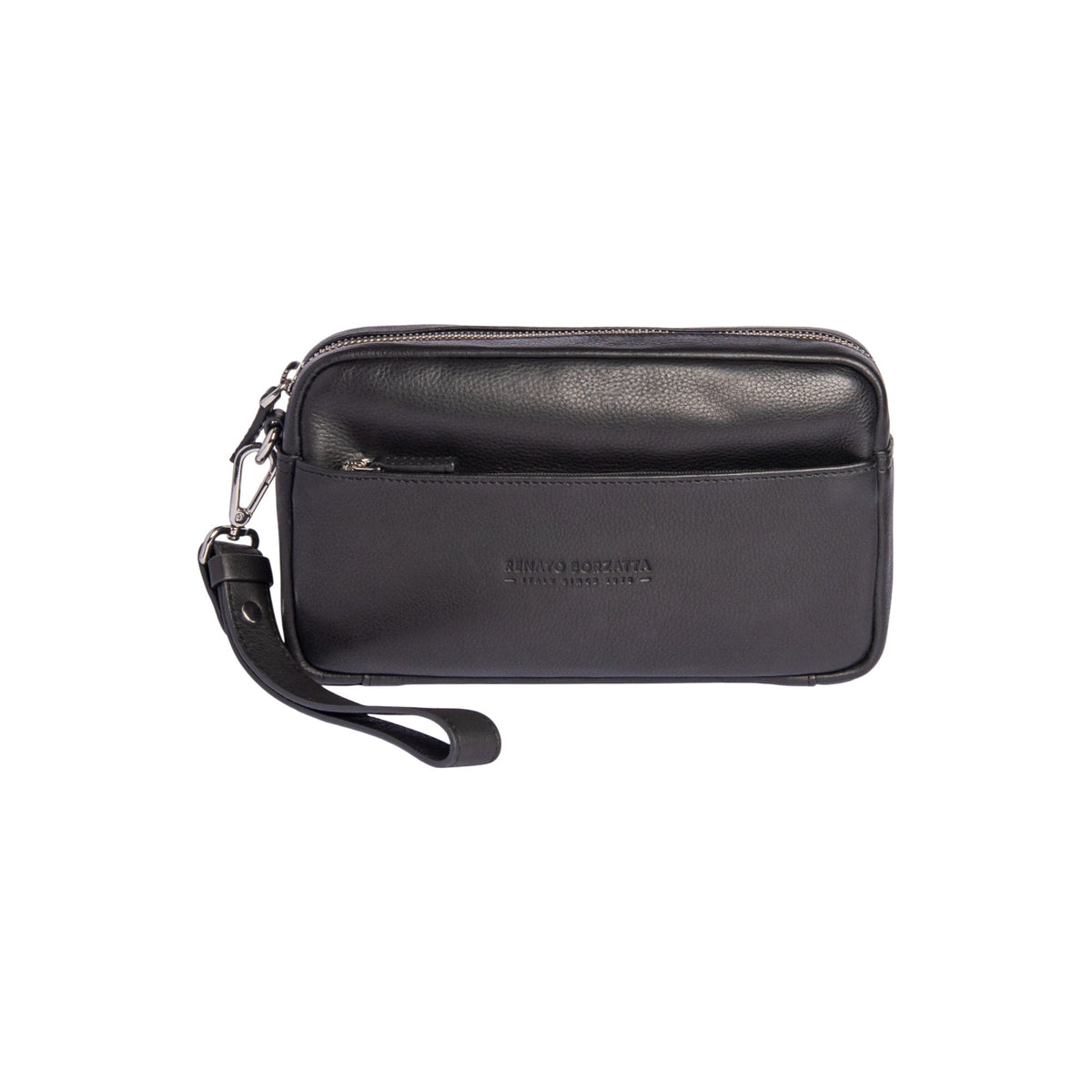 RB0046A | Pochette Uomo KEVIN con laccio da polso in Vera Pelle pieno fiore con leggera grana. Maniglia removibile. Colore Nero. Dimensioni: cm 22 x 13 x 5-0