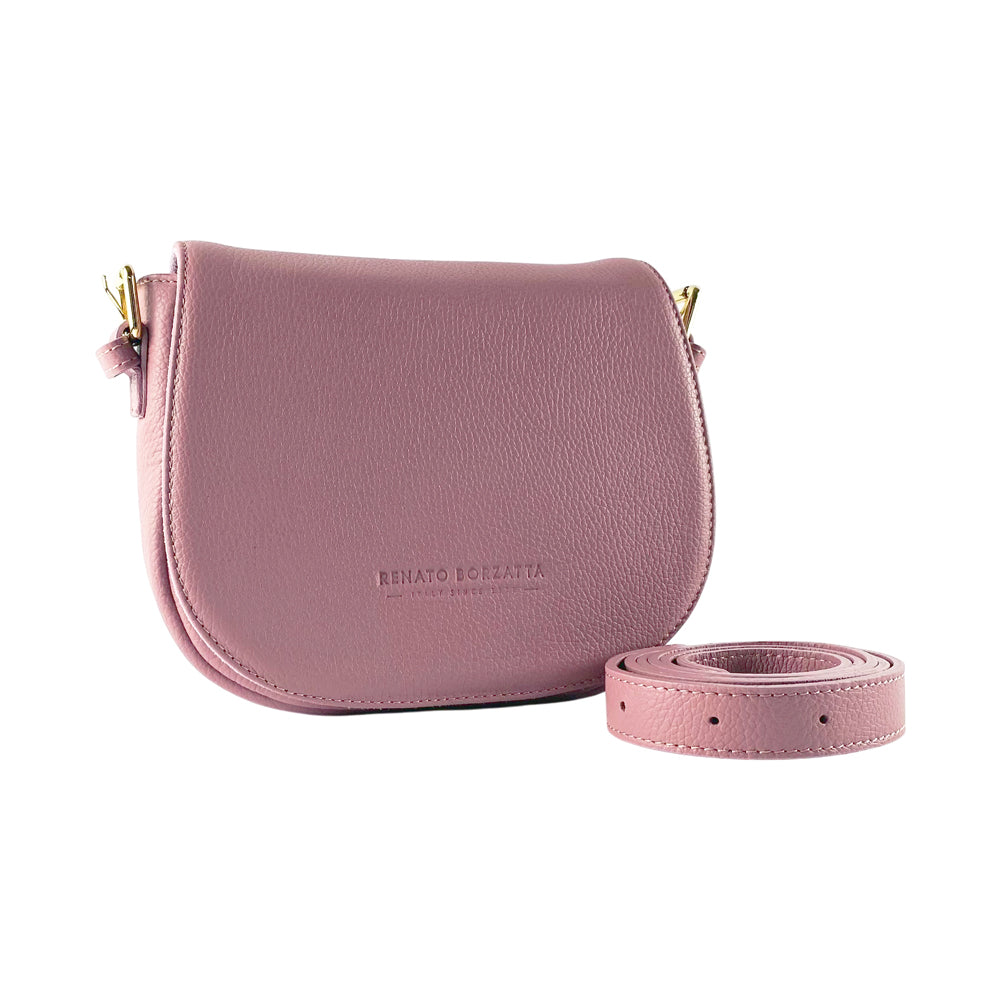 RB1002AZ | Made in Italy Genuine Leather Shoulder Bag with Removable Leather Shoulder Strap and Shiny Gold Metal Buckle Attachments - Antique Pink Color - Size: 26 x 20 x 10 cm.-0