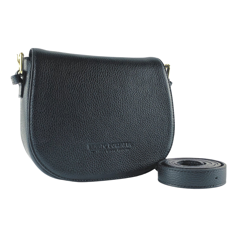 RB1002A | Made in Italy Genuine Leather Shoulder Bag with Removable Leather Shoulder Strap and Shiny Gold Metal Buckle Attachments - Black Color - Size: 26 x 20 x 10 cm.-0