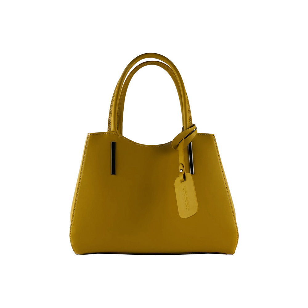 RB1004R | Genuine Leather Hand Bag Made in Italy with Removable Shoulder Strap and Gunmetal Metal Carabiner Attachments - Mustard Color - Size: 33 x 25 x 15 cm + Handles 13 cm-0