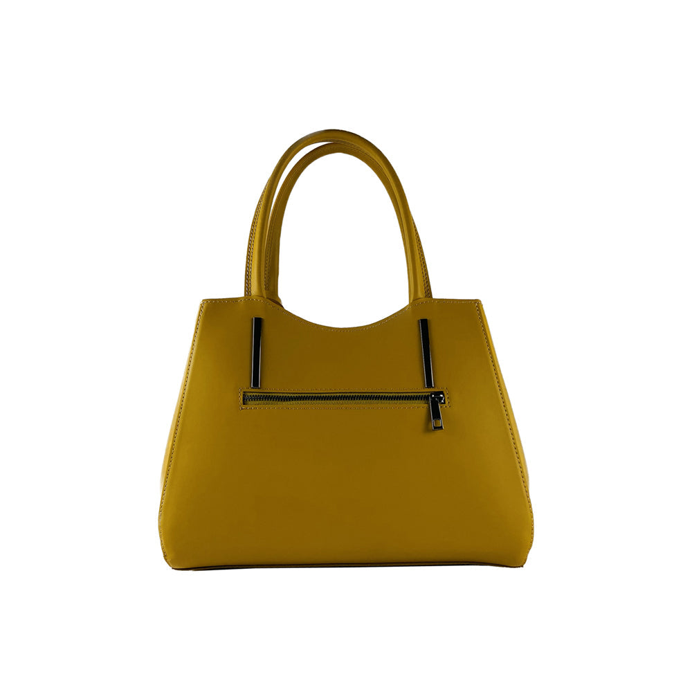 RB1004R | Genuine Leather Hand Bag Made in Italy with Removable Shoulder Strap and Gunmetal Metal Carabiner Attachments - Mustard Color - Size: 33 x 25 x 15 cm + Handles 13 cm-1