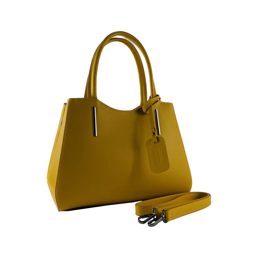 RB1004R | Genuine Leather Hand Bag Made in Italy with Removable Shoulder Strap and Gunmetal Metal Carabiner Attachments - Mustard Color - Size: 33 x 25 x 15 cm + Handles 13 cm-2