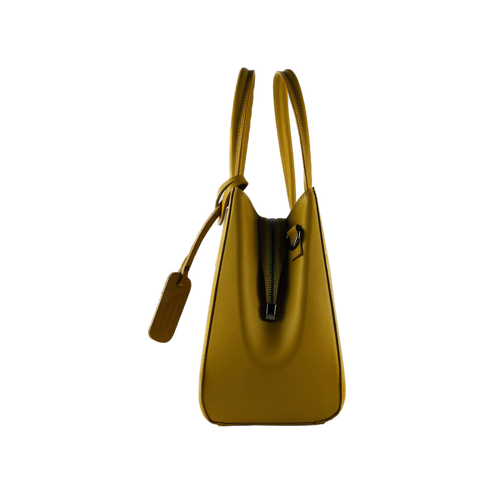 RB1004R | Genuine Leather Hand Bag Made in Italy with Removable Shoulder Strap and Gunmetal Metal Carabiner Attachments - Mustard Color - Size: 33 x 25 x 15 cm + Handles 13 cm-3