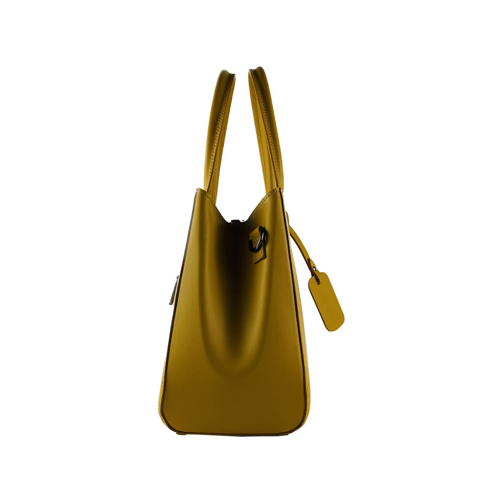 RB1004R | Genuine Leather Hand Bag Made in Italy with Removable Shoulder Strap and Gunmetal Metal Carabiner Attachments - Mustard Color - Size: 33 x 25 x 15 cm + Handles 13 cm-4