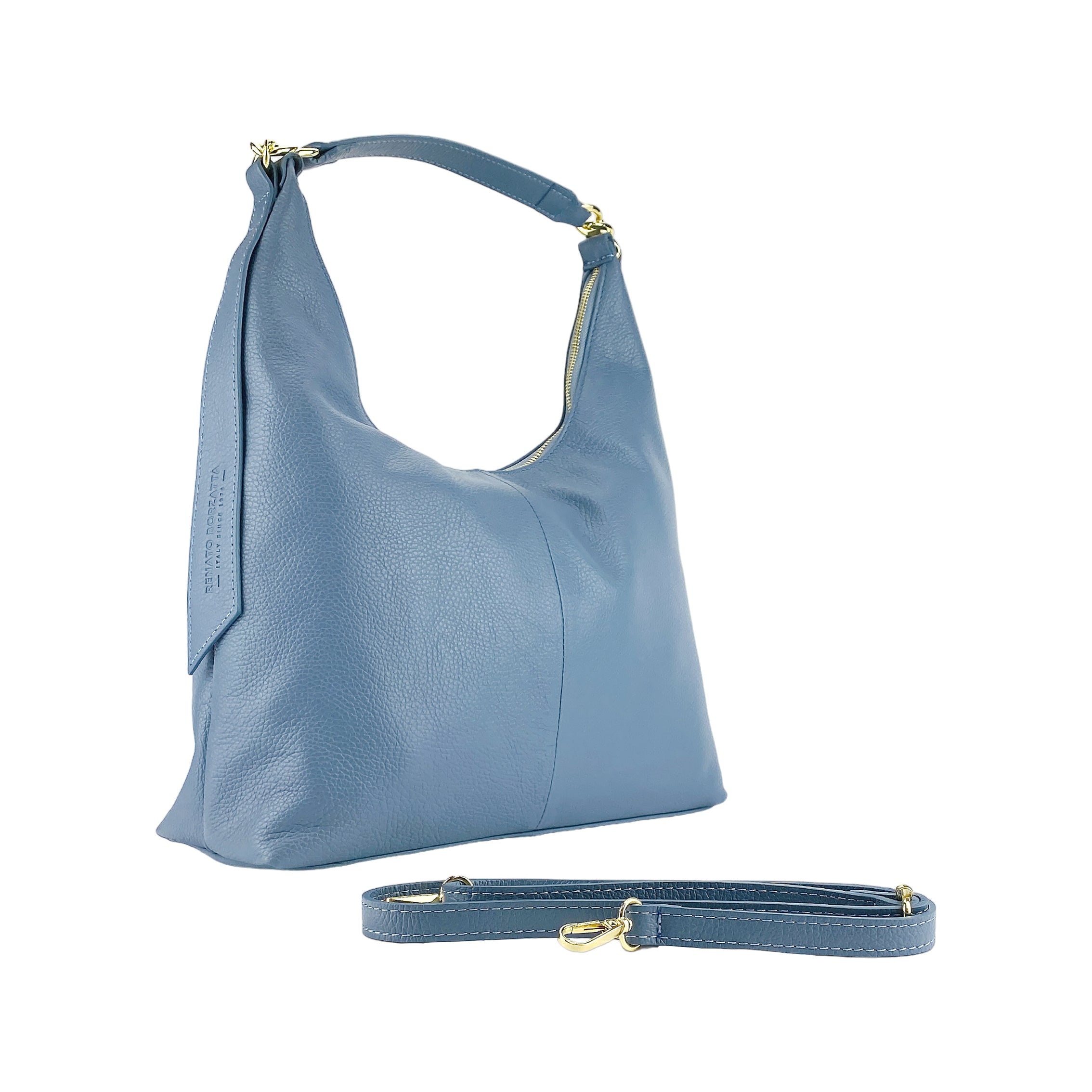 RB1017P | Borsa Donna a spalla Morbida in Vera Pelle Made in Italy con tracolla removibile. Attacchi con moschettoni in metallo Oro Lucido - Colore Avio - Dimensioni: cm 36 x 40 x 13-0