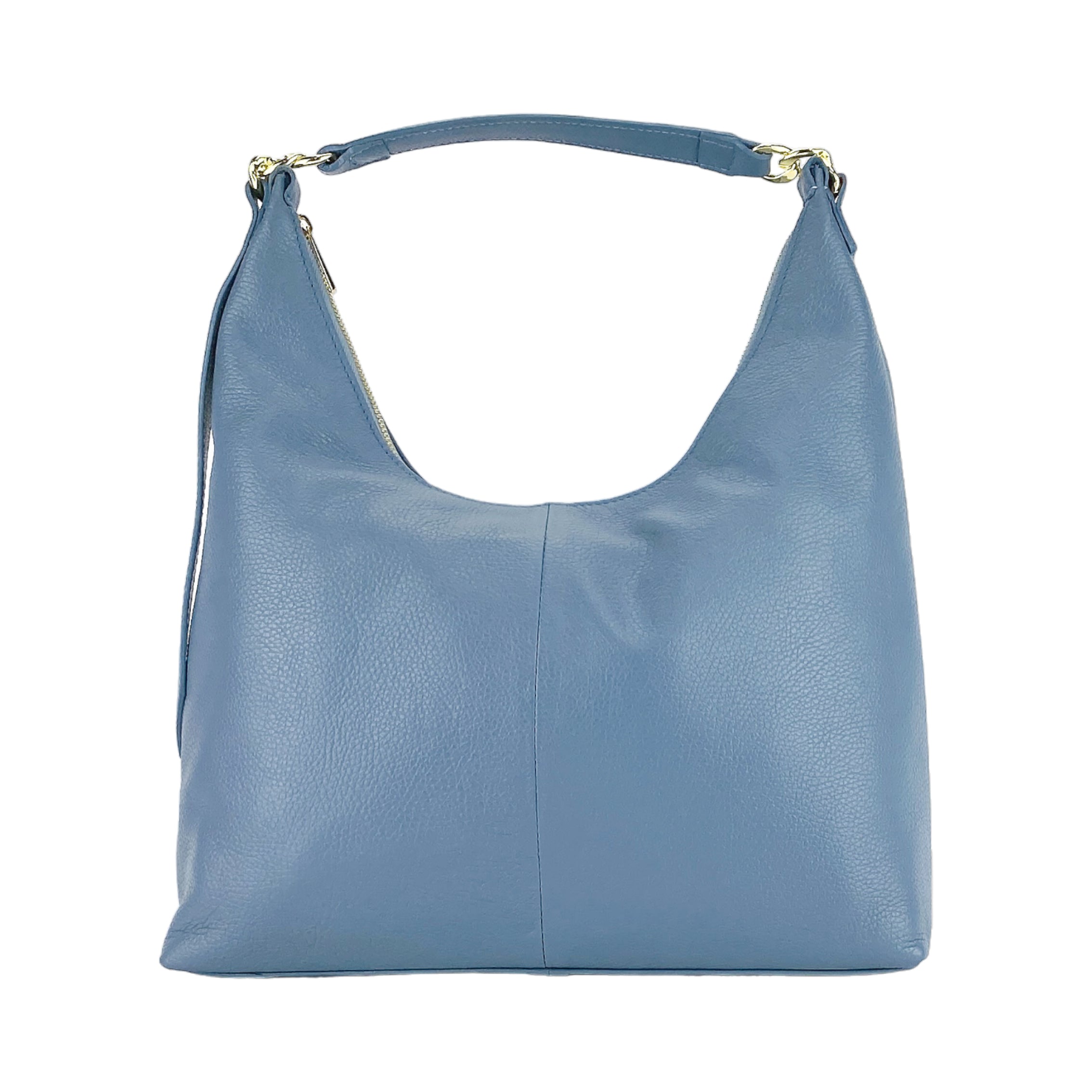 RB1017P | Borsa Donna a spalla Morbida in Vera Pelle Made in Italy con tracolla removibile. Attacchi con moschettoni in metallo Oro Lucido - Colore Avio - Dimensioni: cm 36 x 40 x 13-1