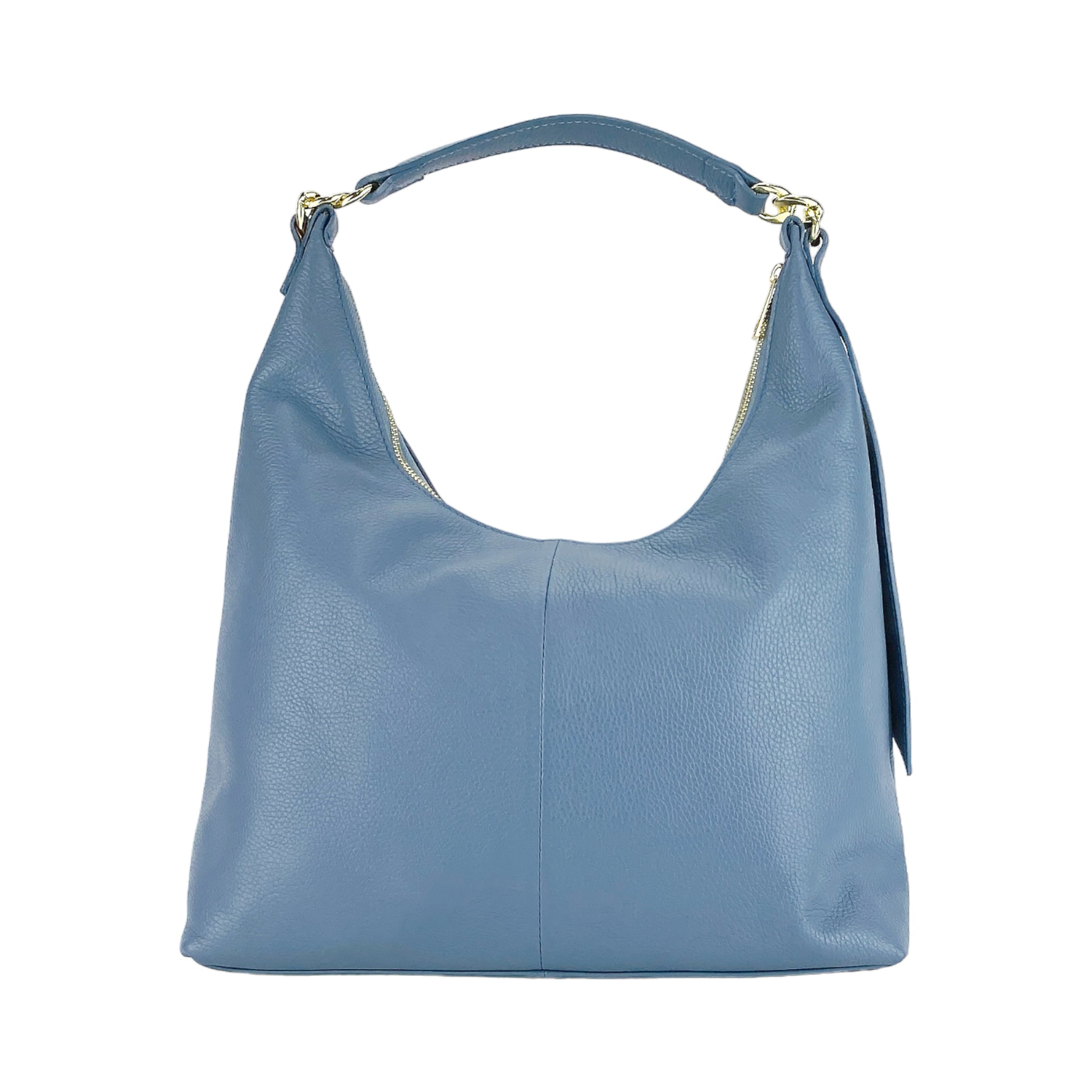 RB1017P | Borsa Donna a spalla Morbida in Vera Pelle Made in Italy con tracolla removibile. Attacchi con moschettoni in metallo Oro Lucido - Colore Avio - Dimensioni: cm 36 x 40 x 13-2