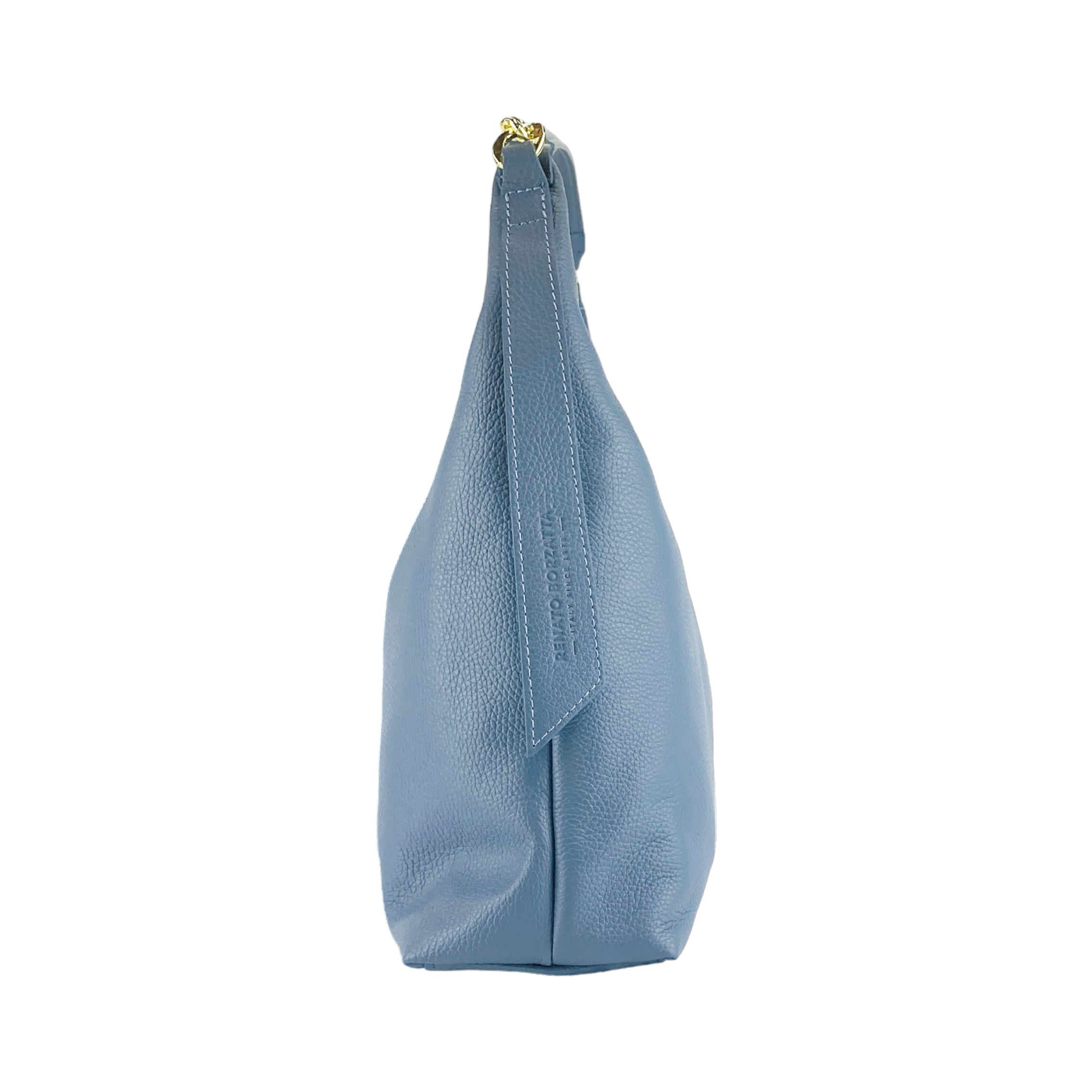RB1017P | Borsa Donna a spalla Morbida in Vera Pelle Made in Italy con tracolla removibile. Attacchi con moschettoni in metallo Oro Lucido - Colore Avio - Dimensioni: cm 36 x 40 x 13-3
