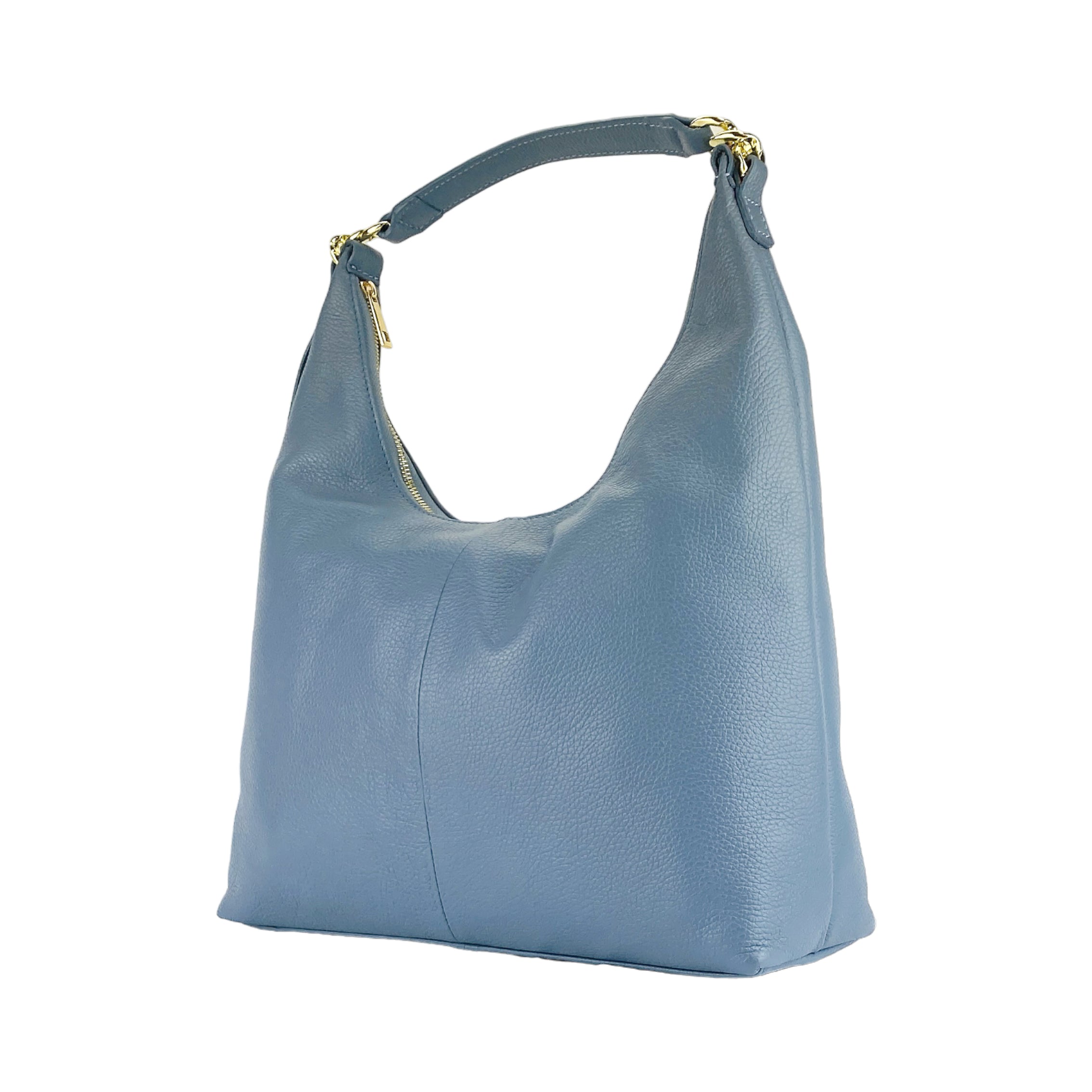 RB1017P | Borsa Donna a spalla Morbida in Vera Pelle Made in Italy con tracolla removibile. Attacchi con moschettoni in metallo Oro Lucido - Colore Avio - Dimensioni: cm 36 x 40 x 13-4