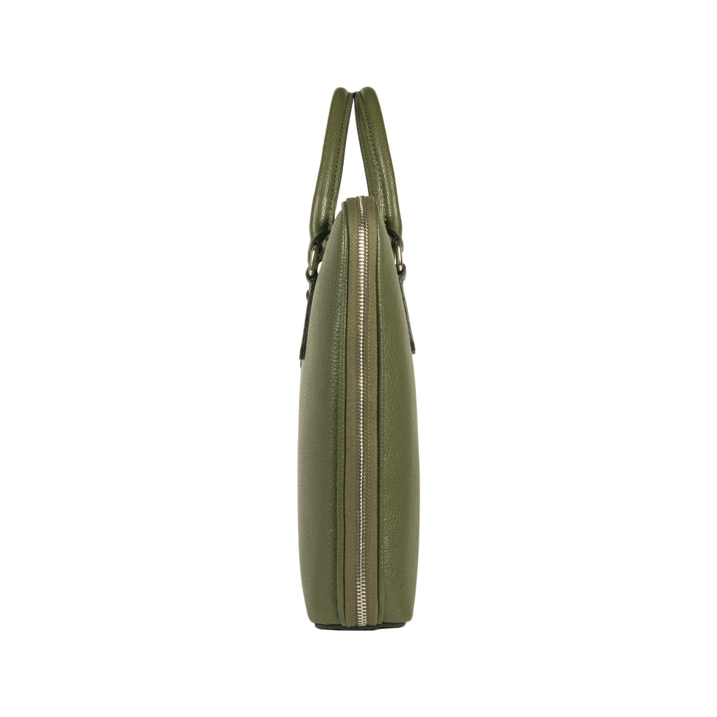 RB1019E | Made in Italy Genuine Leather Unisex Business Briefcase with removable shoulder strap. Polished Nickel metal snap hook attachments - Green color - Dimensions: cm 37 x 29 x 6.5-3