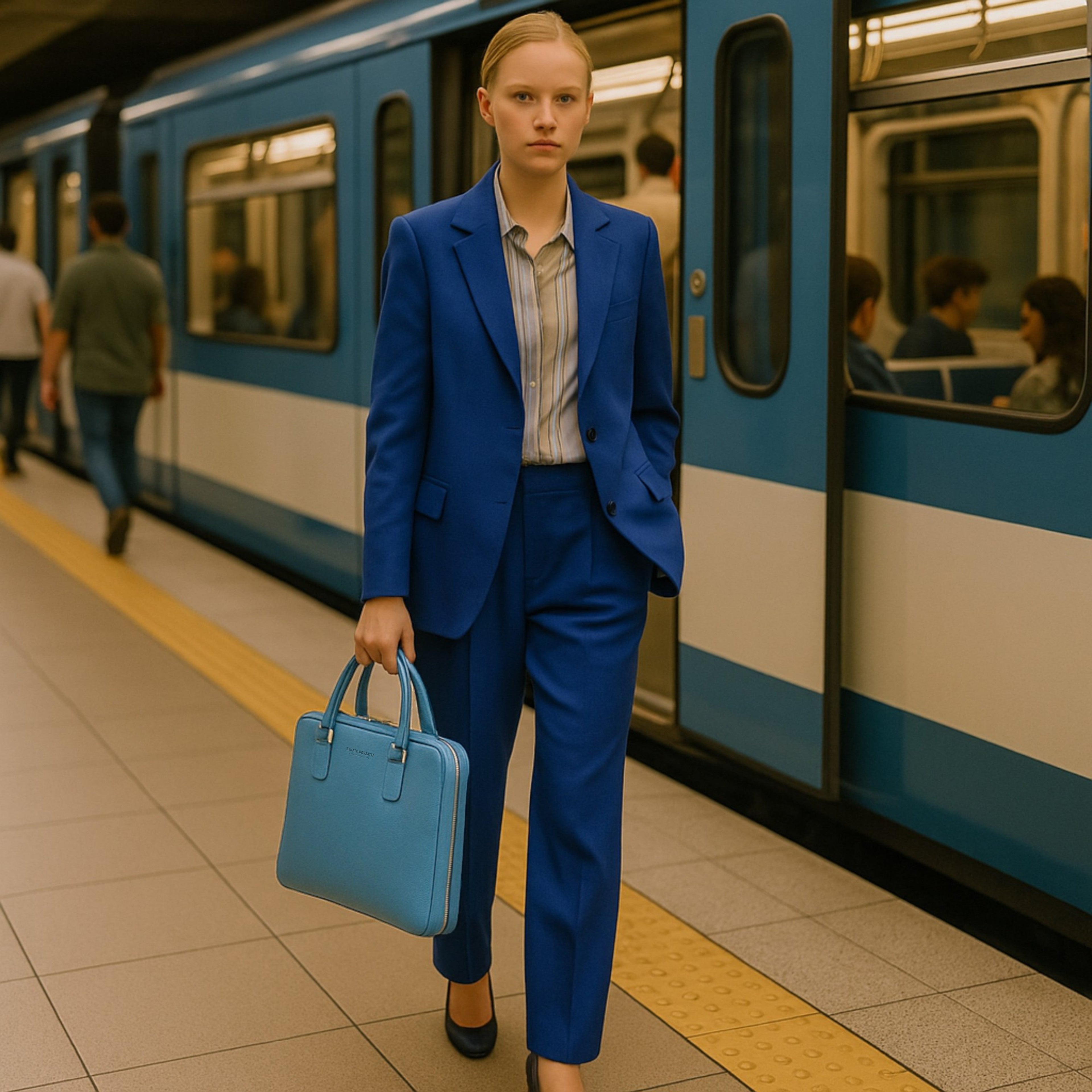 RB1019P | Cartella Business Unisex in Vera Pelle Made in Italy con tracolla removibile. Attacchi con moschettoni in metallo Nickel Lucido - Colore Avio - Dimensioni: cm 37 x 29 x 6,5-4