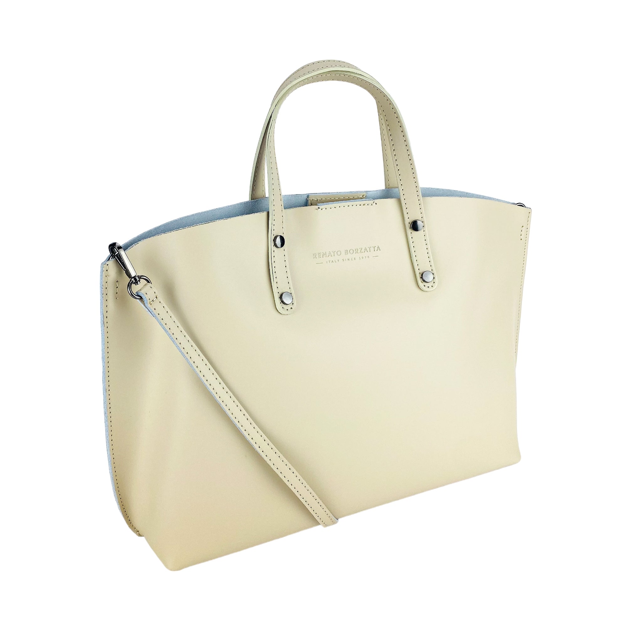 RB1024AL | Women's Hand Bag in Genuine Leather Made in Italy with removable shoulder strap. Large removable internal bag. Polished Gunmetal Accessories - Beige color - Dimensions: cm 48x31x11-0