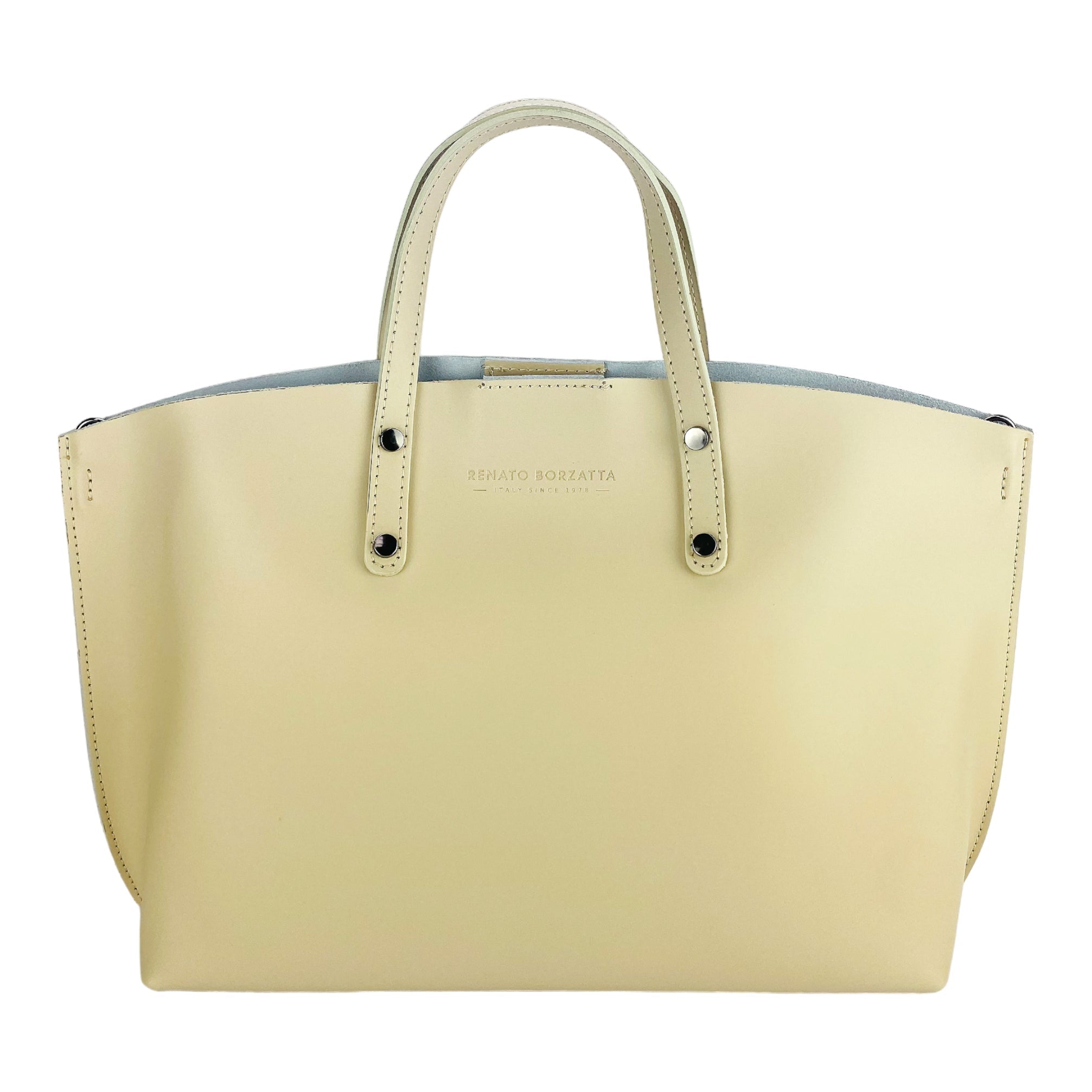RB1024AL | Women's Hand Bag in Genuine Leather Made in Italy with removable shoulder strap. Large removable internal bag. Polished Gunmetal Accessories - Beige color - Dimensions: cm 48x31x11-1
