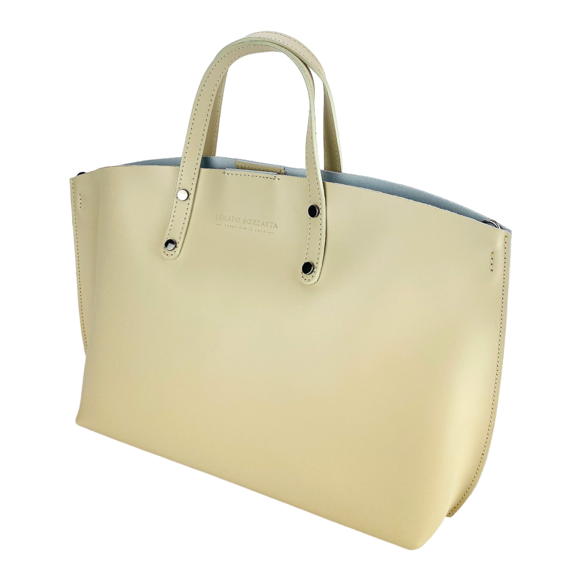 RB1024AL | Women's Hand Bag in Genuine Leather Made in Italy with removable shoulder strap. Large removable internal bag. Polished Gunmetal Accessories - Beige color - Dimensions: cm 48x31x11-2