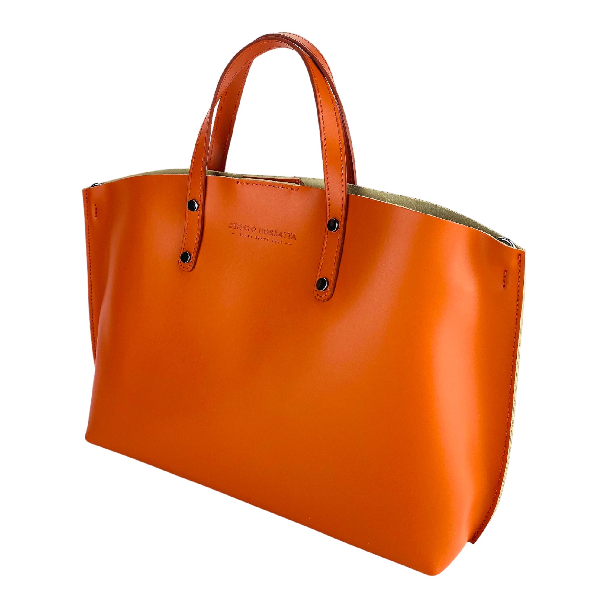 RB1024AM | Women's Made in Italy Genuine Leather Hand Bag with removable shoulder strap. Large removable internal bag. Polished Gunmetal Accessories - Paprika color - Dimensions: cm 48x31x11-2