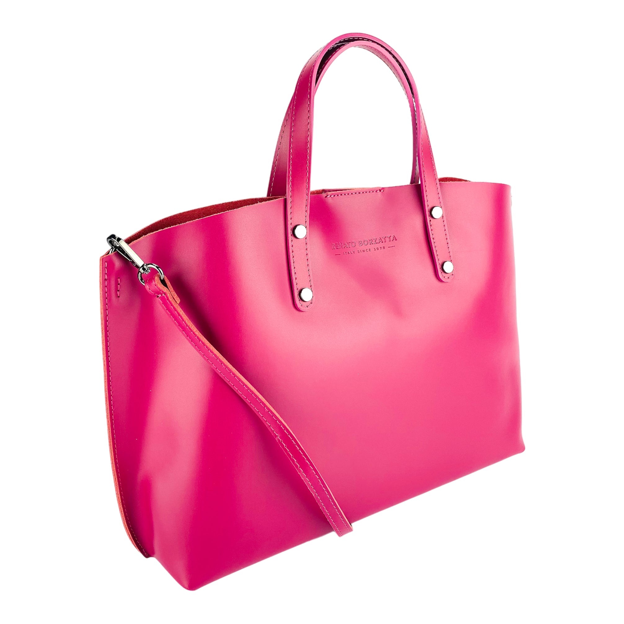 RB1024BE | Women's Genuine Leather Hand Bag Made in Italy with removable shoulder strap. Large removable internal bag. Polished Gunmetal Accessories - Color Fuxia - Dimensions: cm 48x31x11-0