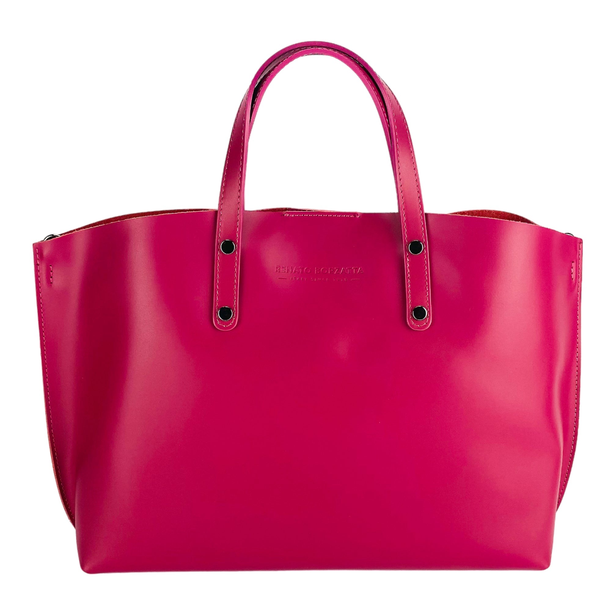 RB1024BE | Women's Genuine Leather Hand Bag Made in Italy with removable shoulder strap. Large removable internal bag. Polished Gunmetal Accessories - Color Fuxia - Dimensions: cm 48x31x11-1