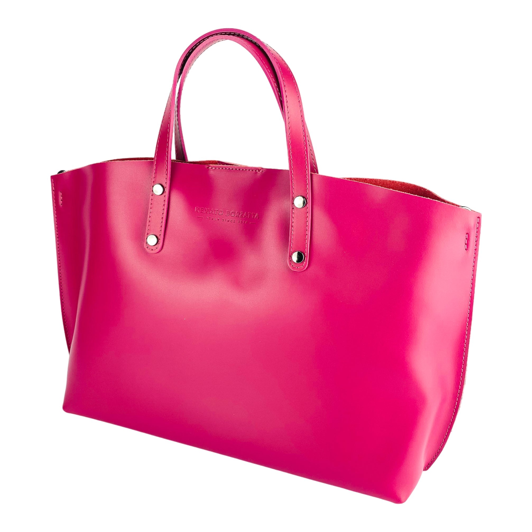 RB1024BE | Women's Genuine Leather Hand Bag Made in Italy with removable shoulder strap. Large removable internal bag. Polished Gunmetal Accessories - Color Fuxia - Dimensions: cm 48x31x11-2