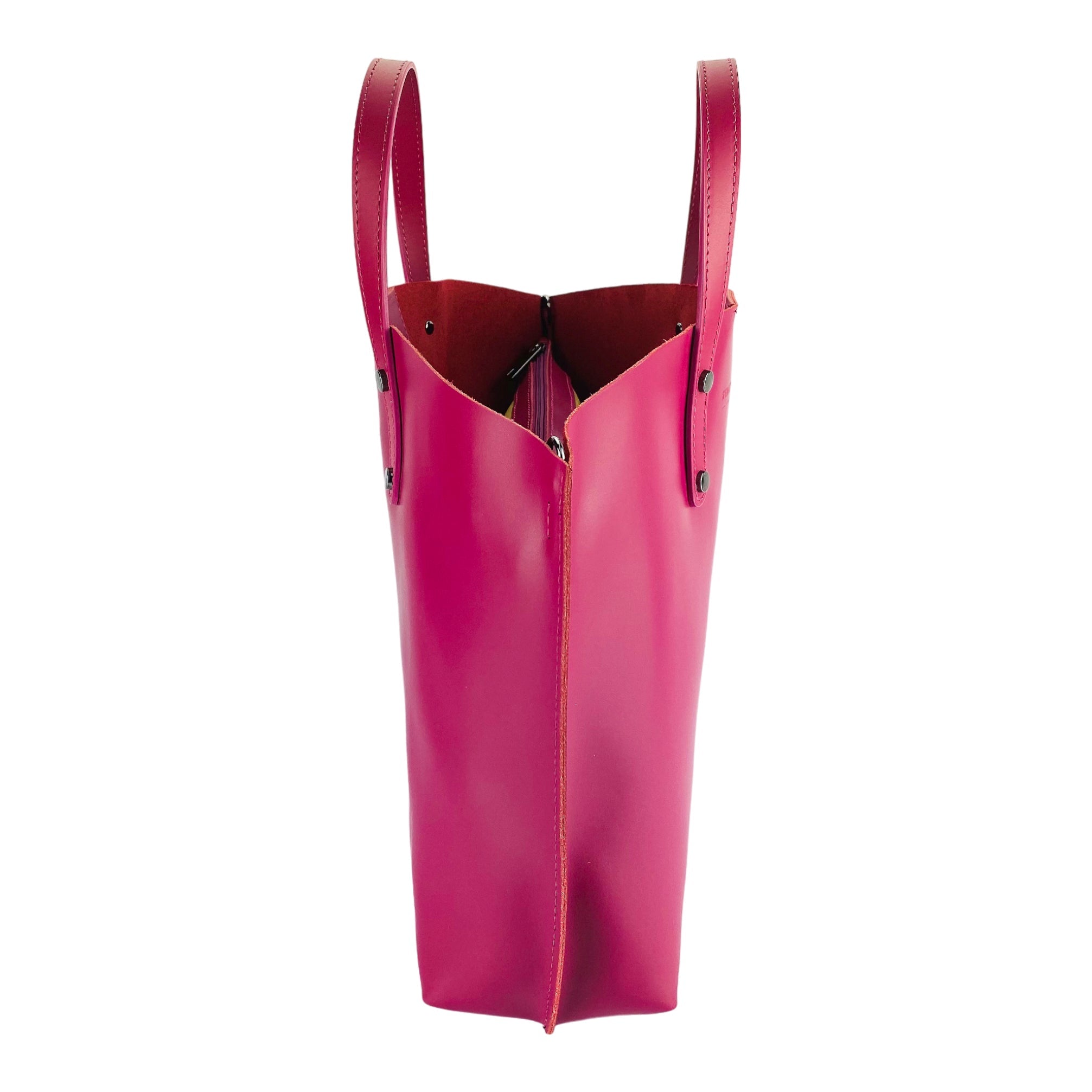 RB1024BE | Women's Genuine Leather Hand Bag Made in Italy with removable shoulder strap. Large removable internal bag. Polished Gunmetal Accessories - Color Fuxia - Dimensions: cm 48x31x11-3