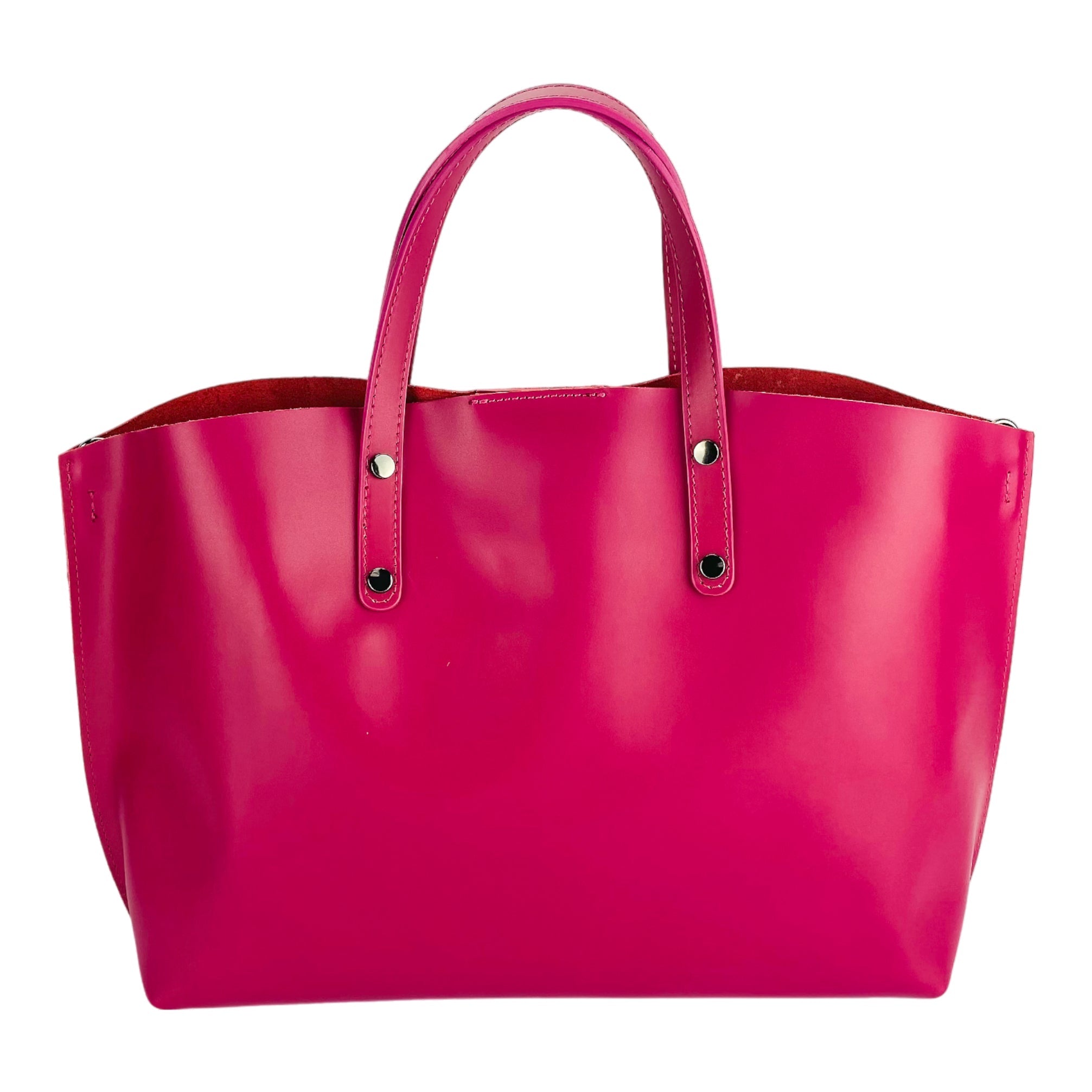 RB1024BE | Women's Genuine Leather Hand Bag Made in Italy with removable shoulder strap. Large removable internal bag. Polished Gunmetal Accessories - Color Fuxia - Dimensions: cm 48x31x11-4