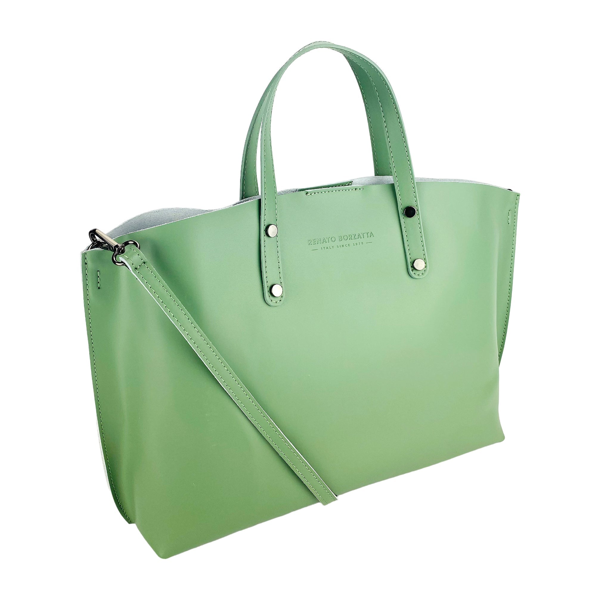 RB1024BF | Women's Genuine Leather Hand Bag Made in Italy with removable shoulder strap. Large removable internal bag. Shiny Gunmetal Accessories - Mint Color - Dimensions: cm 48x31x11-0