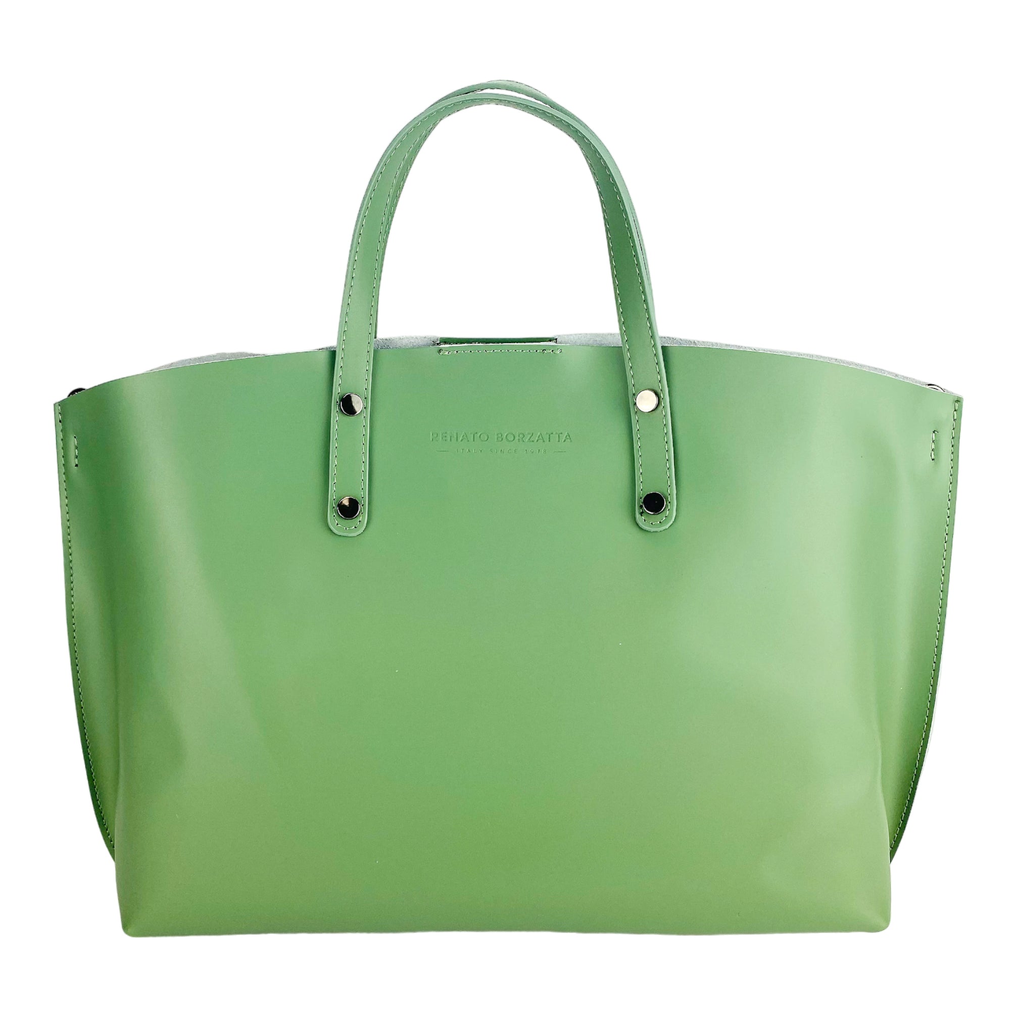 RB1024BF | Women's Genuine Leather Hand Bag Made in Italy with removable shoulder strap. Large removable internal bag. Shiny Gunmetal Accessories - Mint Color - Dimensions: cm 48x31x11-1