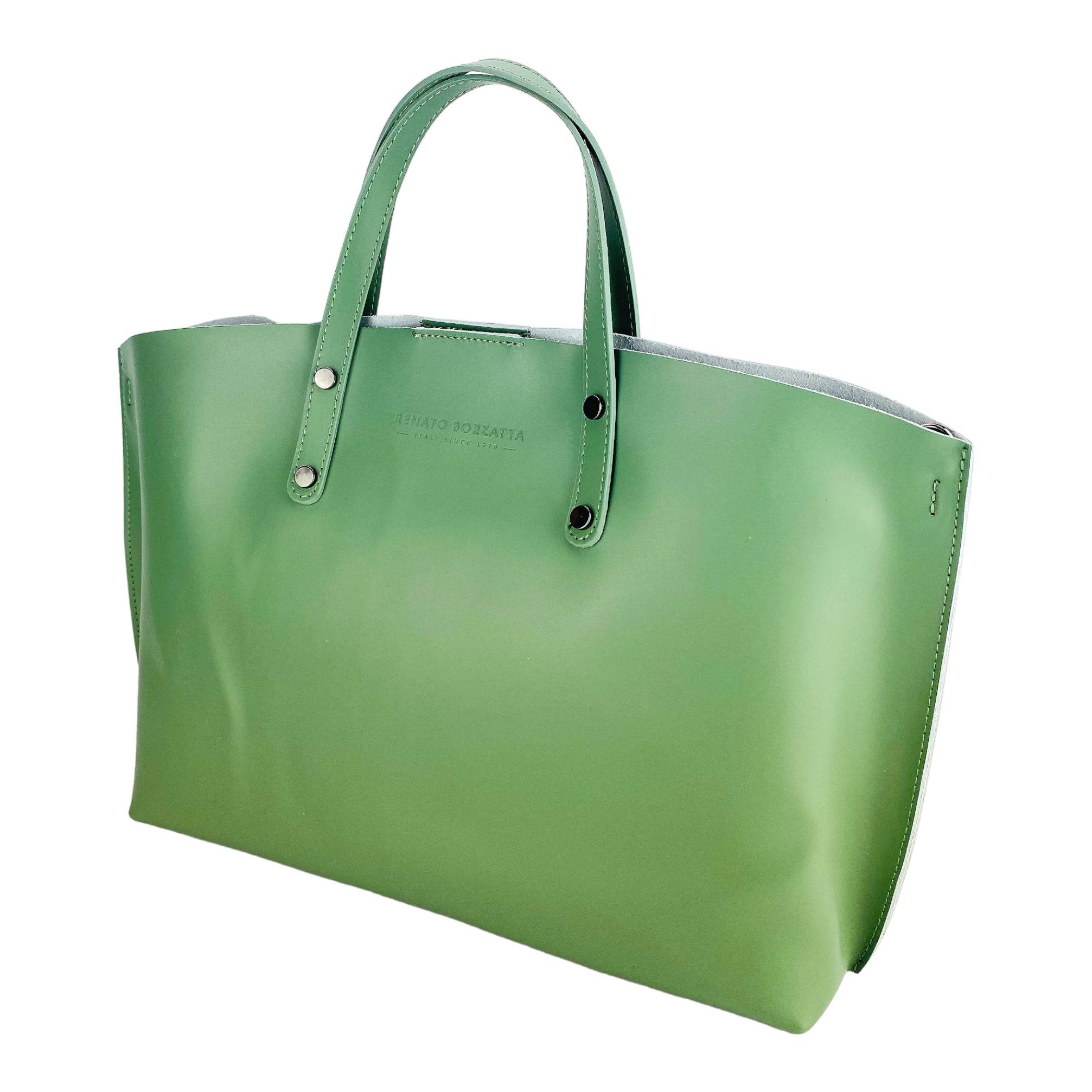 RB1024BF | Women's Genuine Leather Hand Bag Made in Italy with removable shoulder strap. Large removable internal bag. Shiny Gunmetal Accessories - Mint Color - Dimensions: cm 48x31x11-2