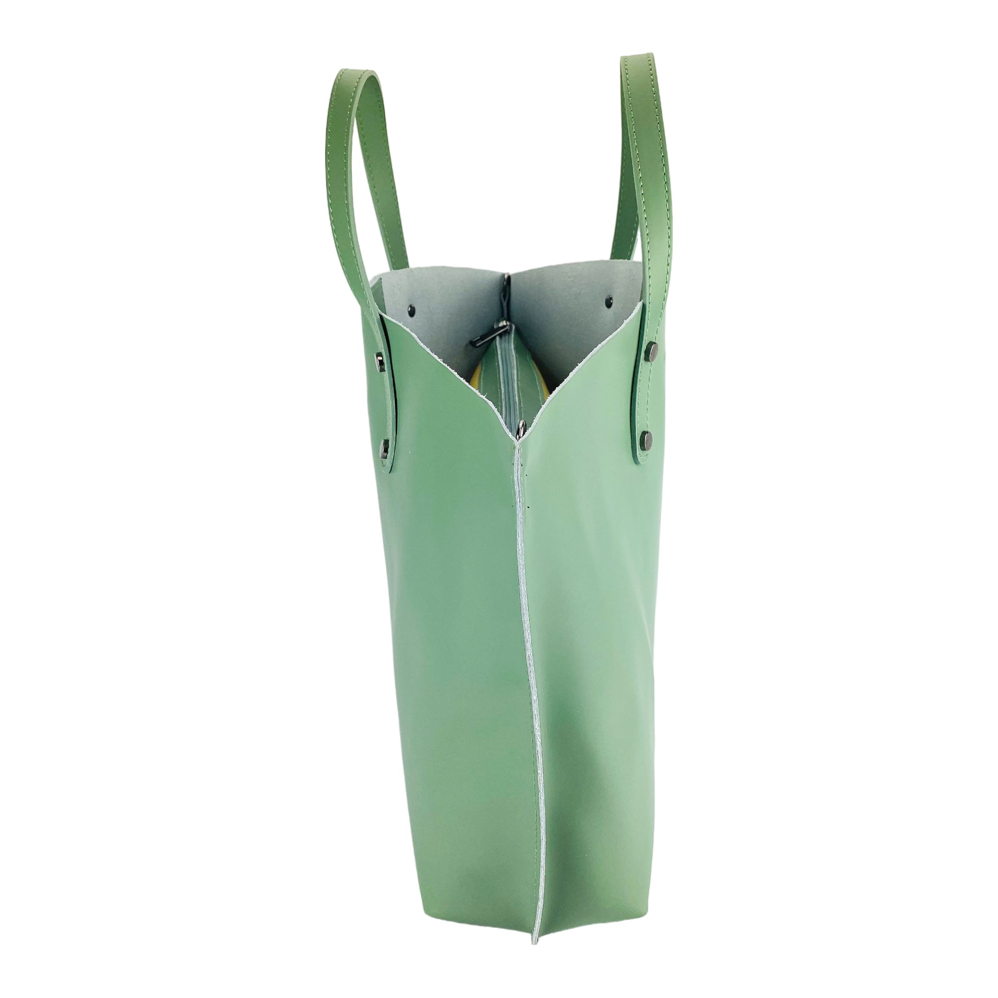 RB1024BF | Women's Genuine Leather Hand Bag Made in Italy with removable shoulder strap. Large removable internal bag. Shiny Gunmetal Accessories - Mint Color - Dimensions: cm 48x31x11-3