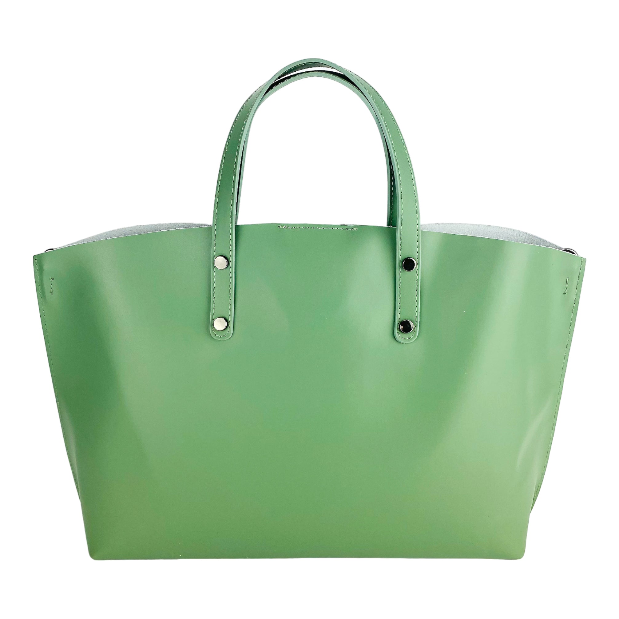 RB1024BF | Women's Genuine Leather Hand Bag Made in Italy with removable shoulder strap. Large removable internal bag. Shiny Gunmetal Accessories - Mint Color - Dimensions: cm 48x31x11-4
