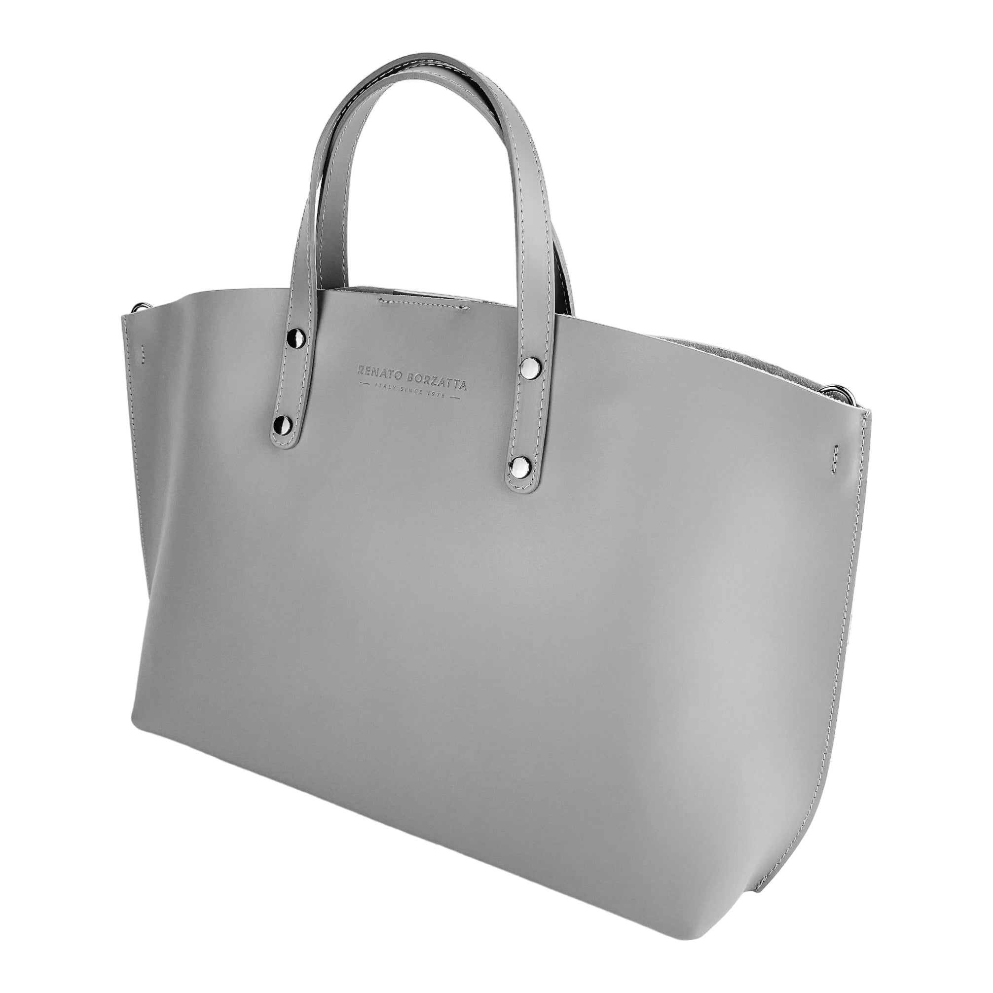 RB1024F | Women's Hand Bag in Genuine Leather Made in Italy with removable shoulder strap. Large removable internal bag. Polished Gunmetal Accessories - Grey color - Dimensions: cm 48x31x11-2