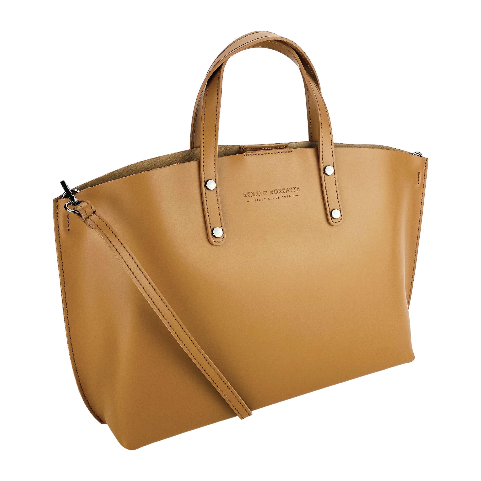 RB1024S | Women's Hand Bag in Genuine Leather Made in Italy with removable shoulder strap. Large removable internal bag. Polished Gunmetal Accessories - Cognac Color - Dimensions: cm 48x31x11-0