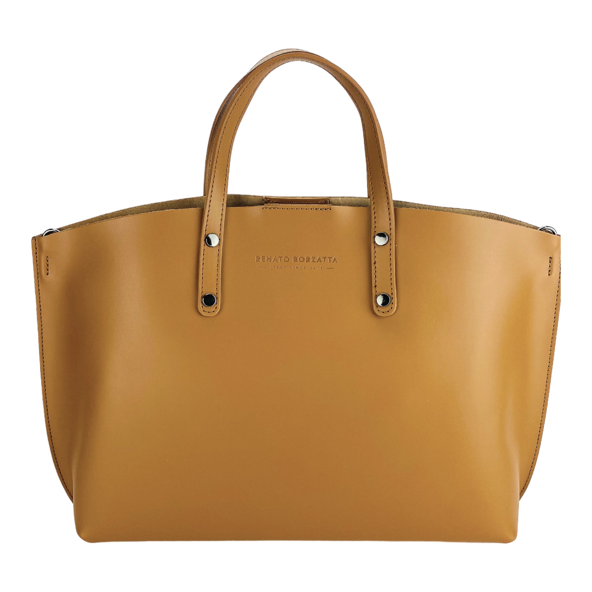 RB1024S | Women's Hand Bag in Genuine Leather Made in Italy with removable shoulder strap. Large removable internal bag. Polished Gunmetal Accessories - Cognac Color - Dimensions: cm 48x31x11-1
