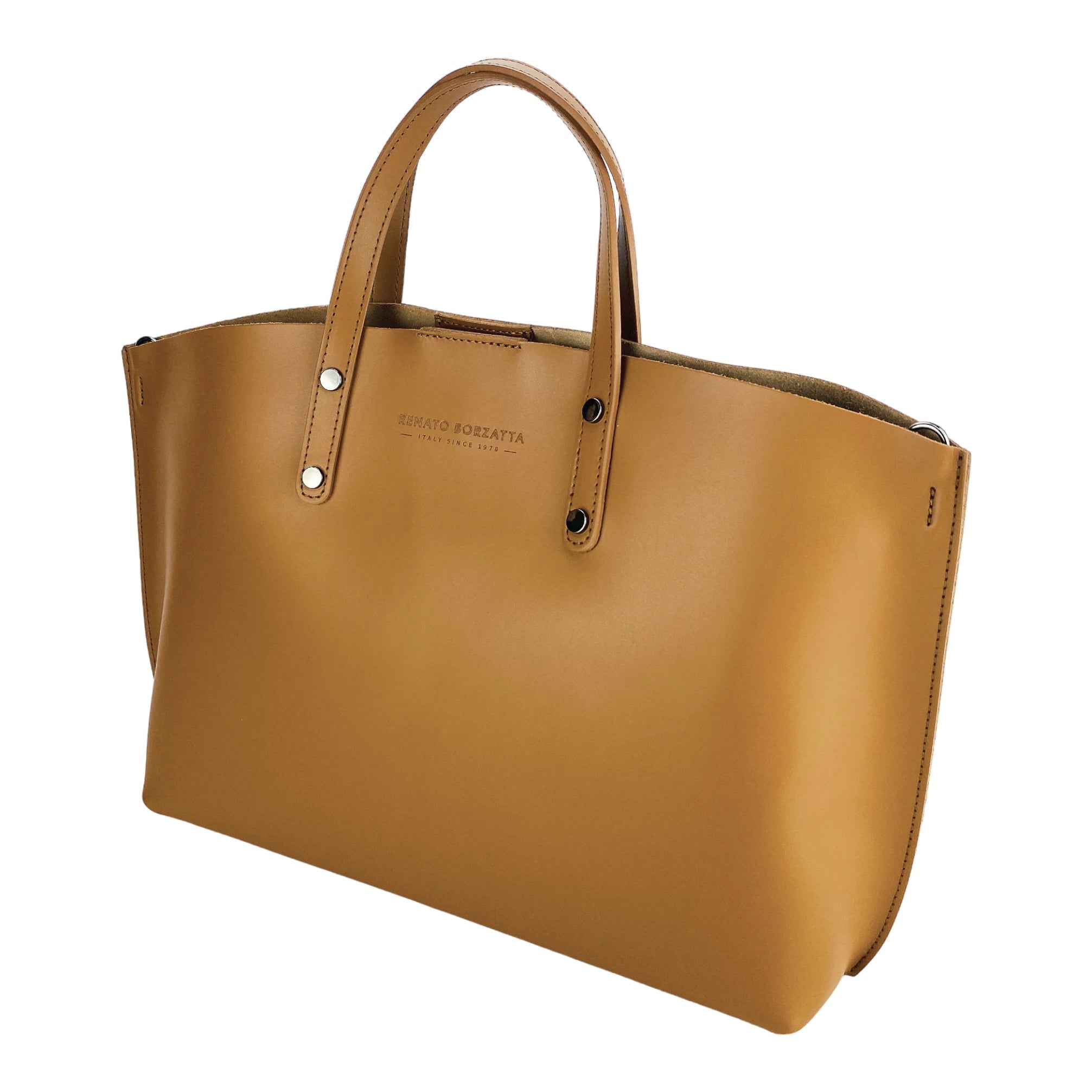 RB1024S | Women's Hand Bag in Genuine Leather Made in Italy with removable shoulder strap. Large removable internal bag. Polished Gunmetal Accessories - Cognac Color - Dimensions: cm 48x31x11-2