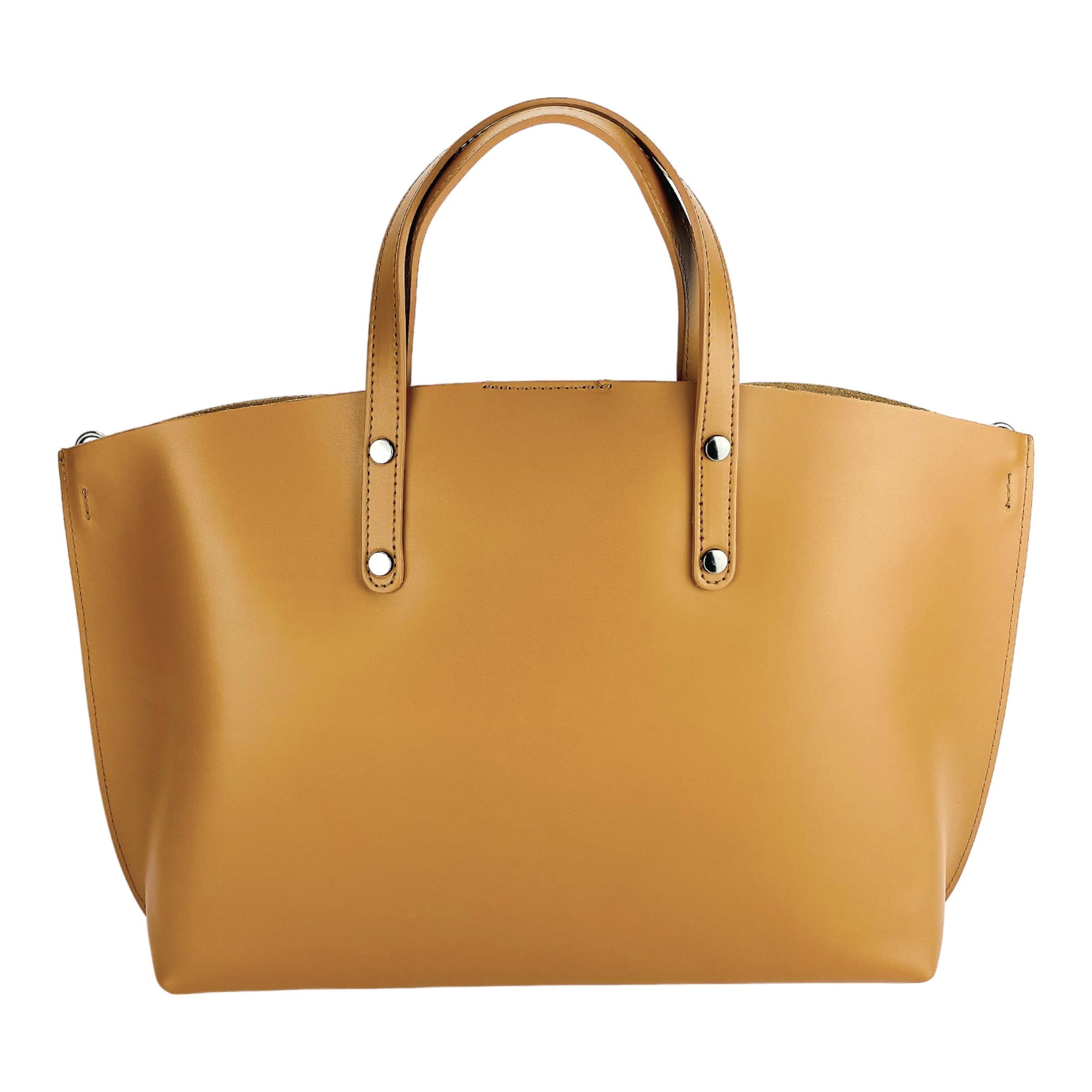 RB1024S | Women's Hand Bag in Genuine Leather Made in Italy with removable shoulder strap. Large removable internal bag. Polished Gunmetal Accessories - Cognac Color - Dimensions: cm 48x31x11-4