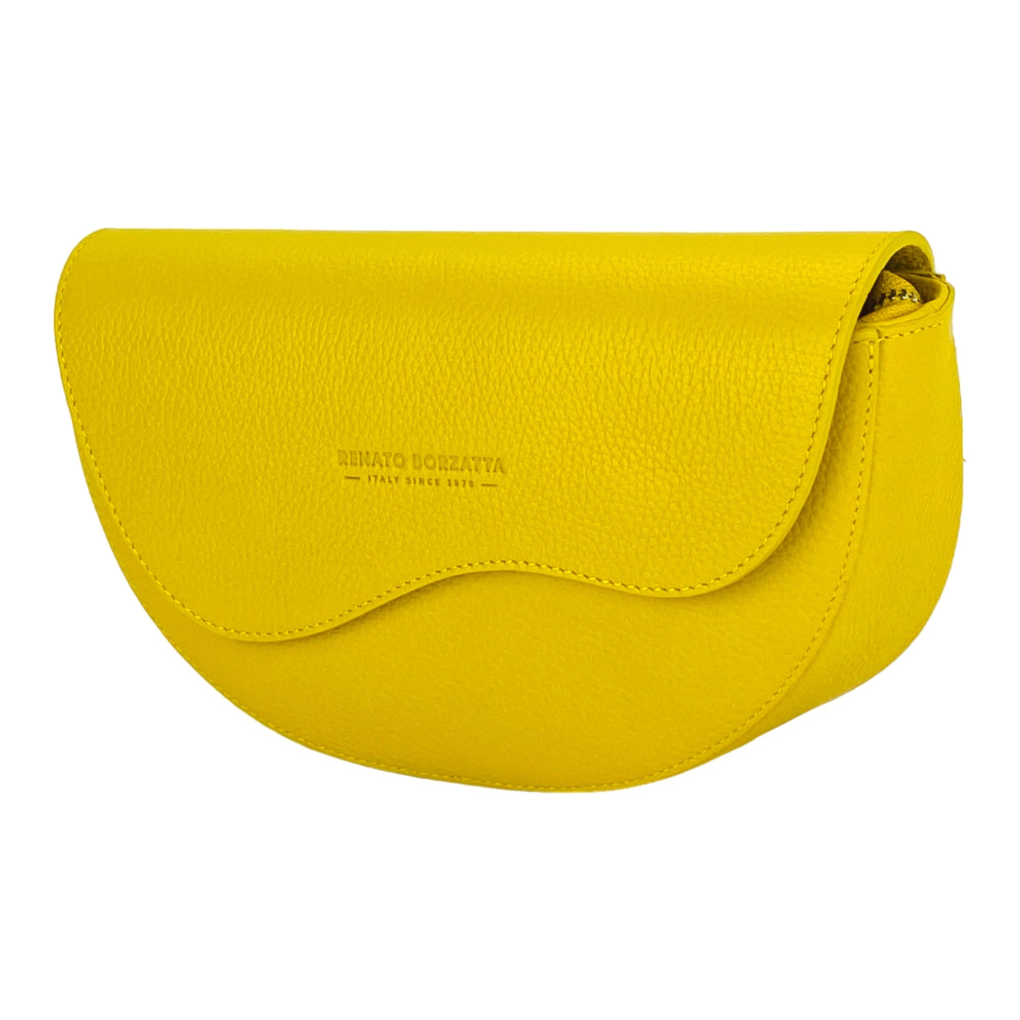 RB1027R | Women's Rounded Bandolier Bag in Genuine Leather Made in Italy. Removable and adjustable leather shoulder strap. Polished Nickel hardware - Yellow color - Dimensions: 25 x 15 x 9 cm.-2
