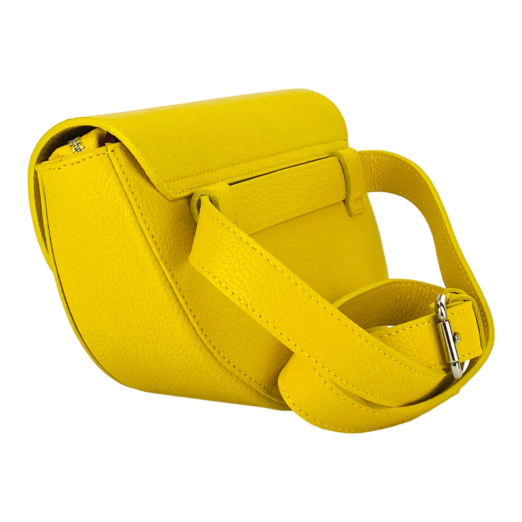 RB1027R | Women's Rounded Bandolier Bag in Genuine Leather Made in Italy. Removable and adjustable leather shoulder strap. Polished Nickel hardware - Yellow color - Dimensions: 25 x 15 x 9 cm.-3